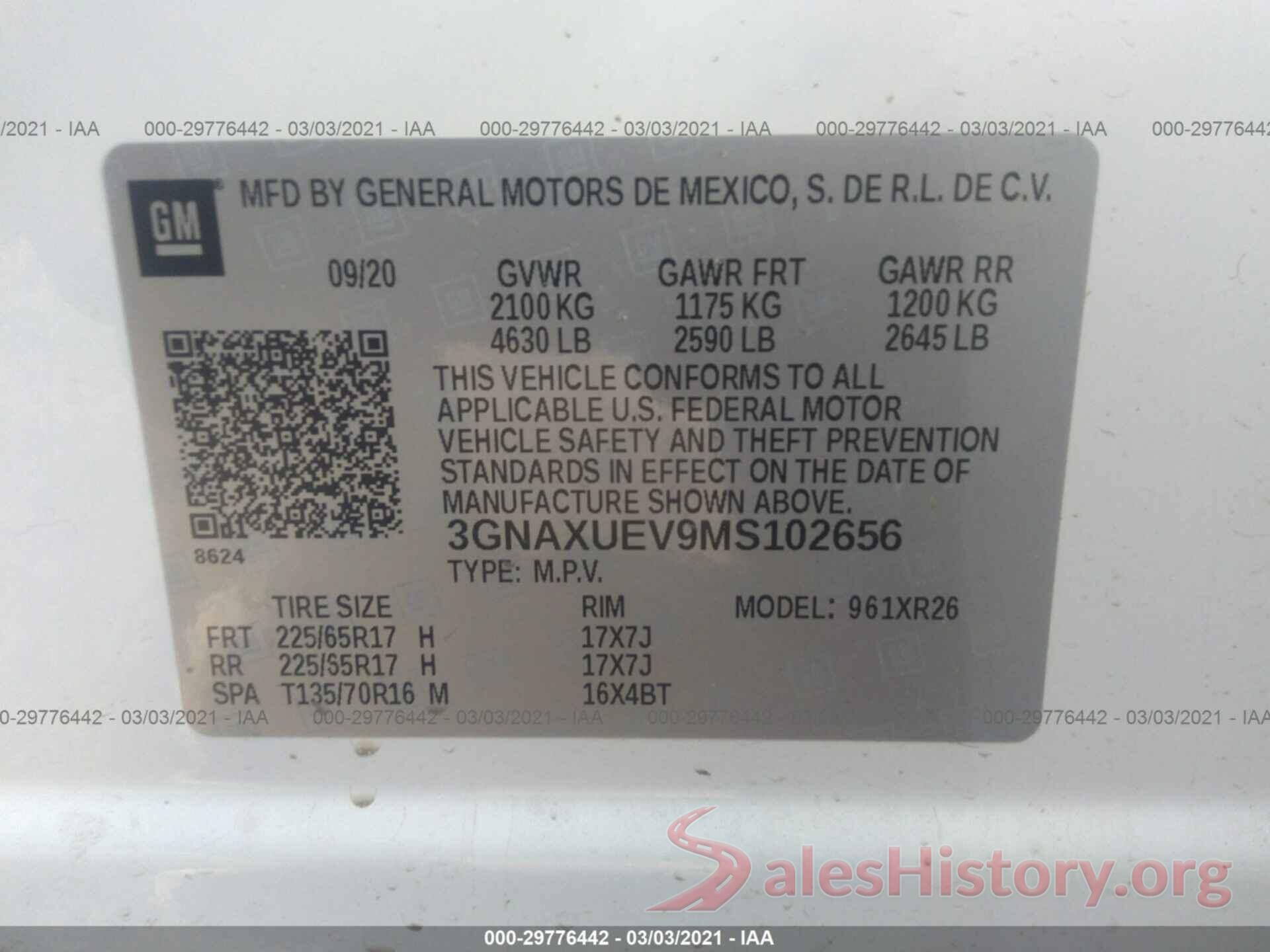 3GNAXUEV9MS102656 2021 CHEVROLET EQUINOX