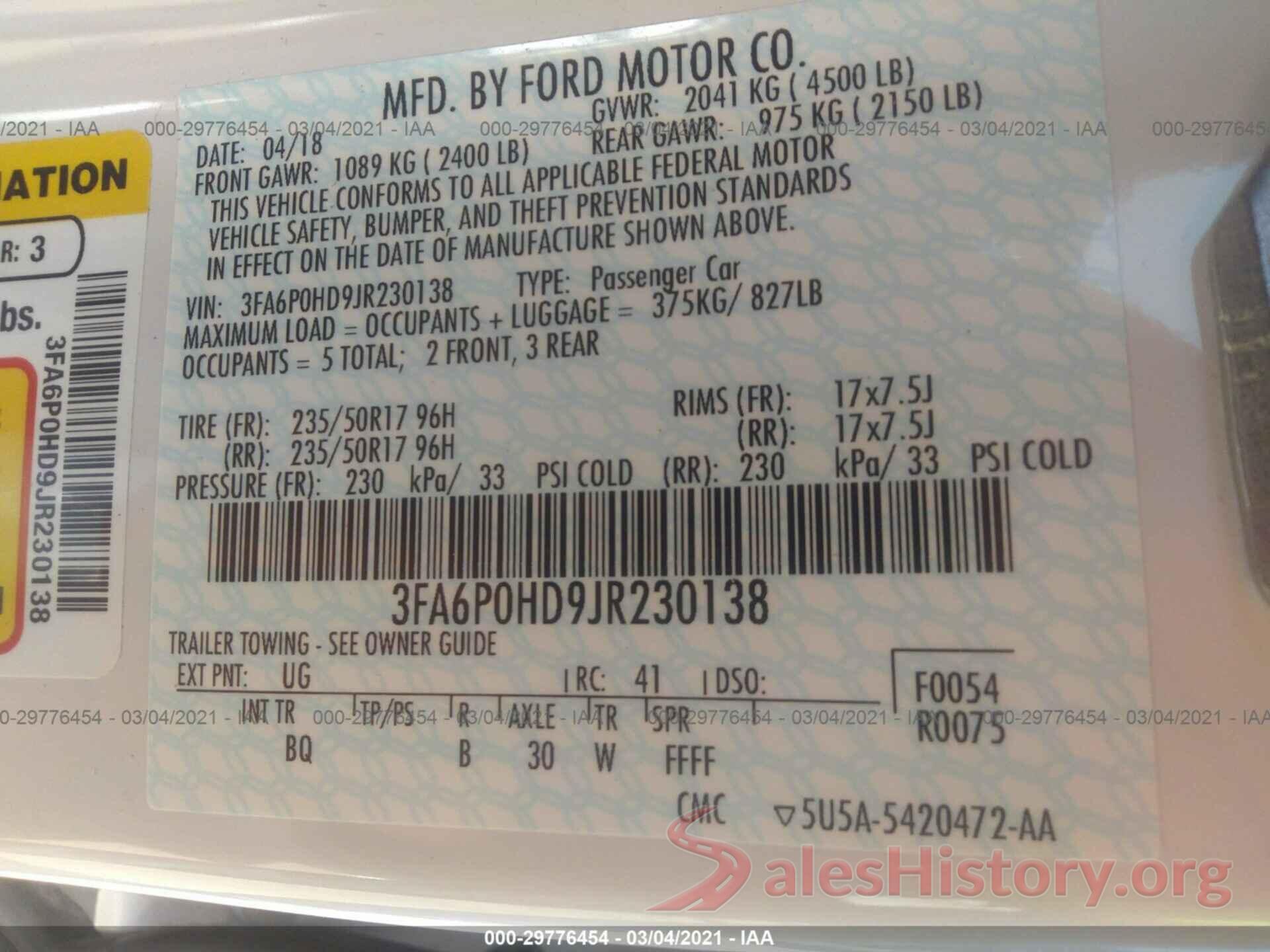 3FA6P0HD9JR230138 2018 FORD FUSION