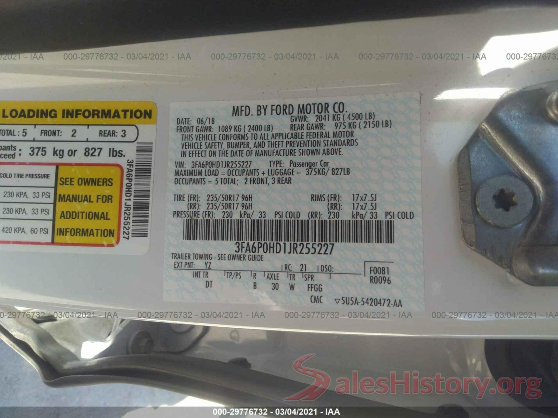 3FA6P0HD1JR255227 2018 FORD FUSION