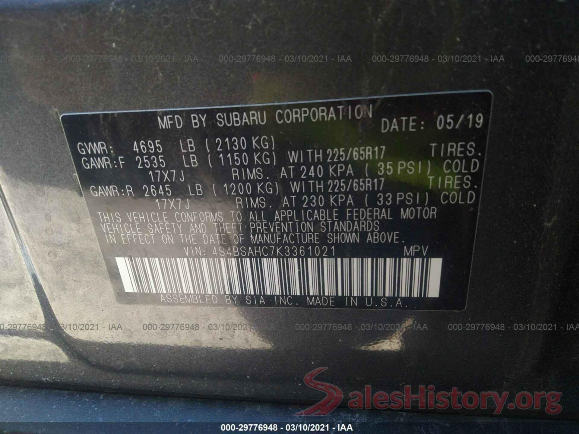 4S4BSAHC7K3361021 2019 SUBARU OUTBACK