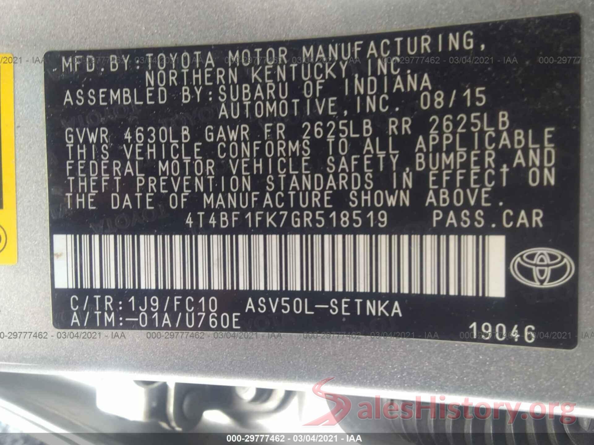 4T4BF1FK7GR518519 2016 TOYOTA CAMRY