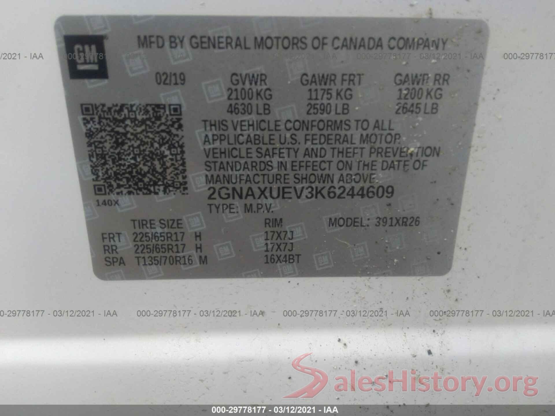 2GNAXUEV3K6244609 2019 CHEVROLET EQUINOX