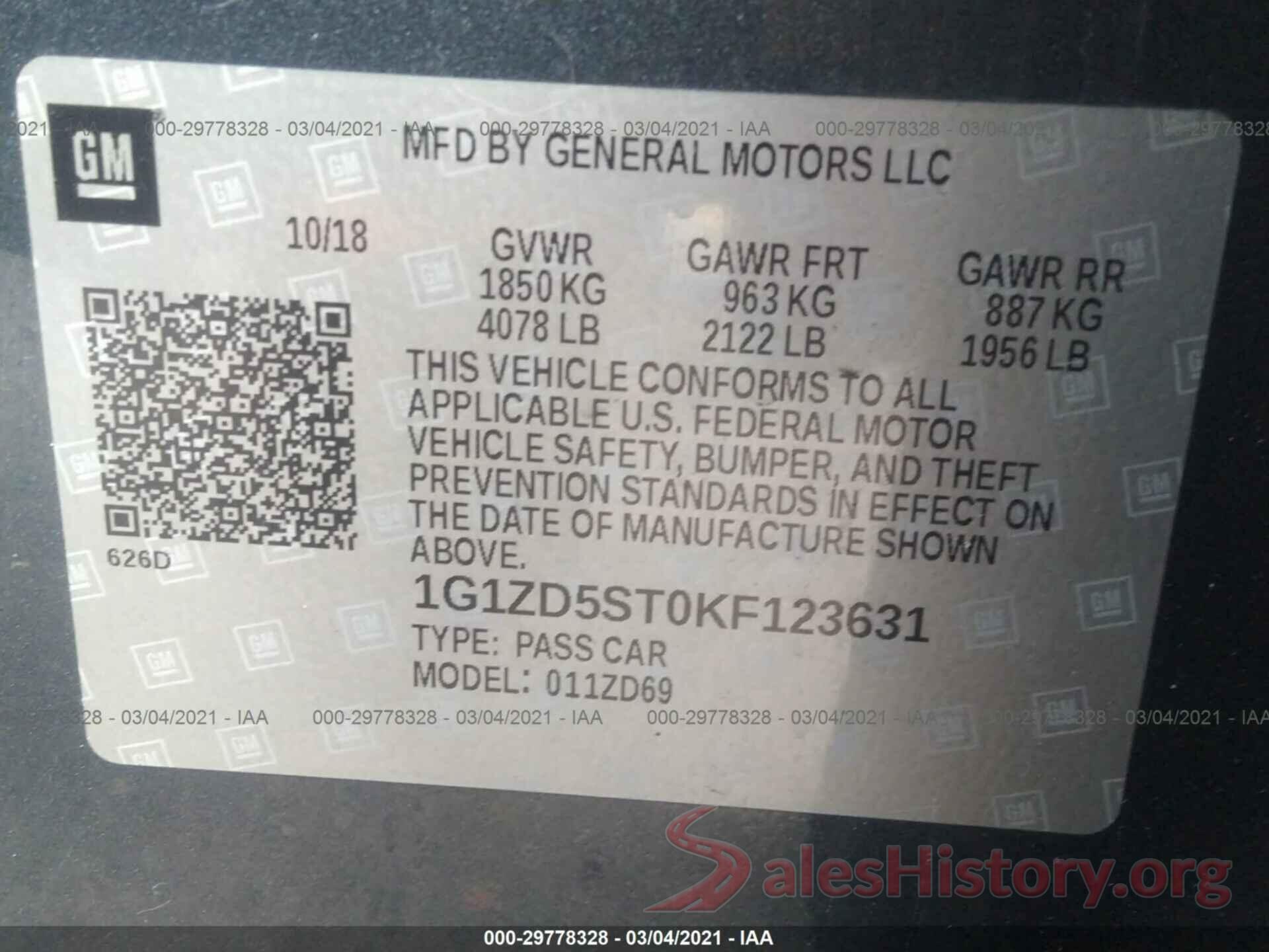 1G1ZD5ST0KF123631 2019 CHEVROLET MALIBU