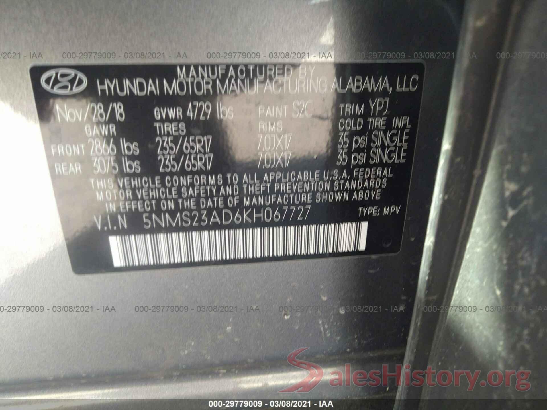 5NMS23AD6KH067727 2019 HYUNDAI SANTA FE