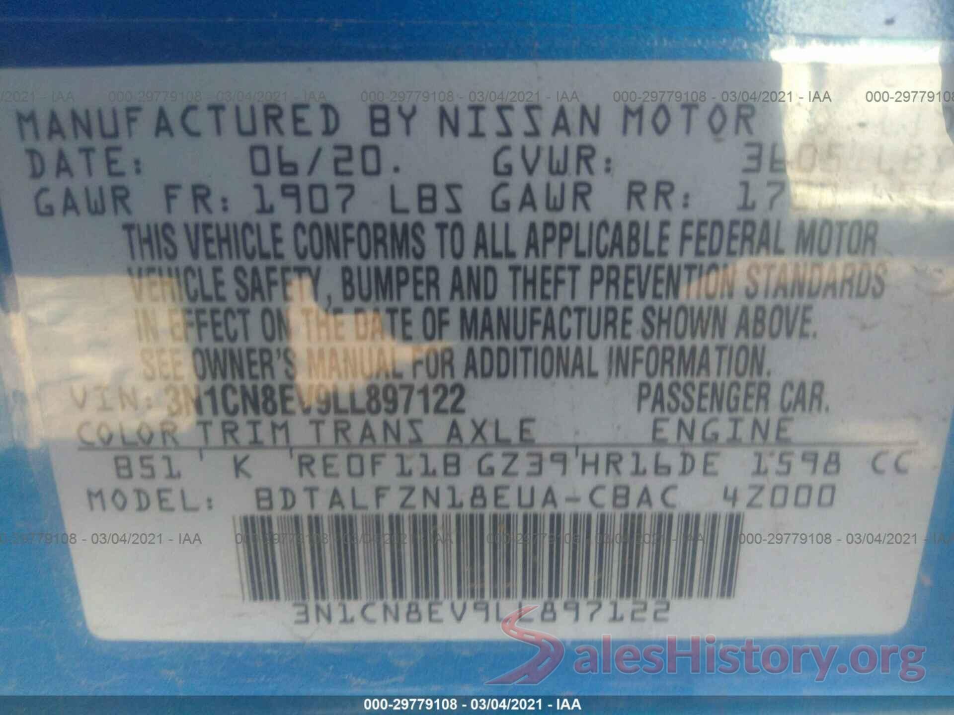 3N1CN8EV9LL897122 2020 NISSAN VERSA