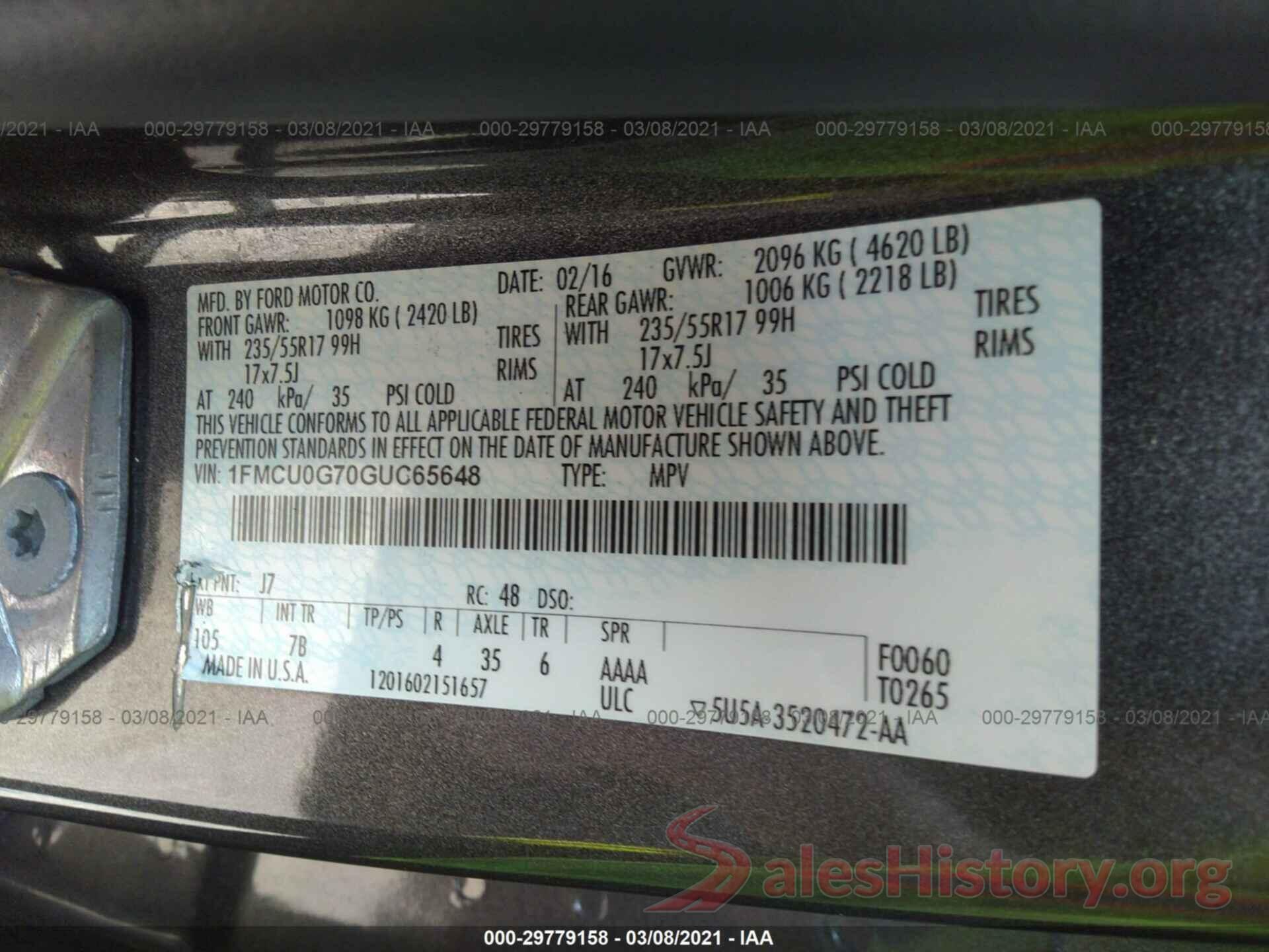 1FMCU0G70GUC65648 2016 FORD ESCAPE