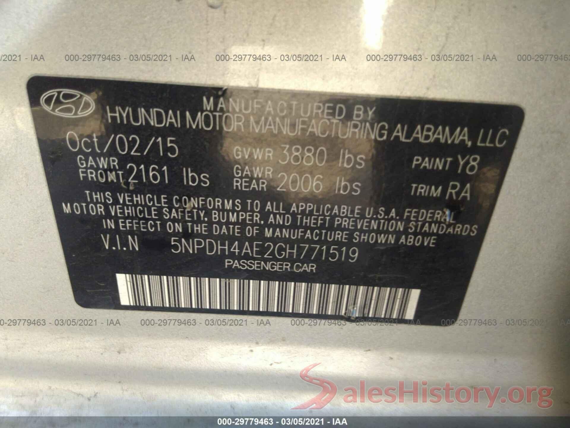 5NPDH4AE2GH771519 2016 HYUNDAI ELANTRA