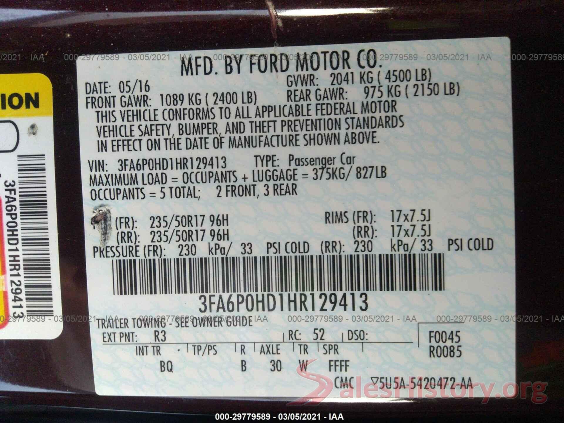 3FA6P0HD1HR129413 2017 FORD FUSION