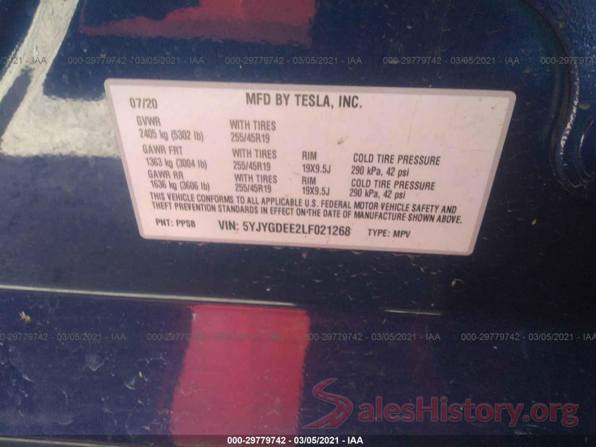 5YJYGDEE2LF021268 2020 TESLA MODEL Y