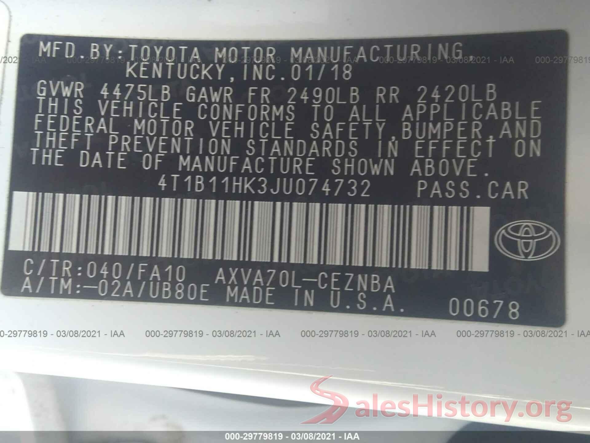 4T1B11HK3JU074732 2018 TOYOTA CAMRY