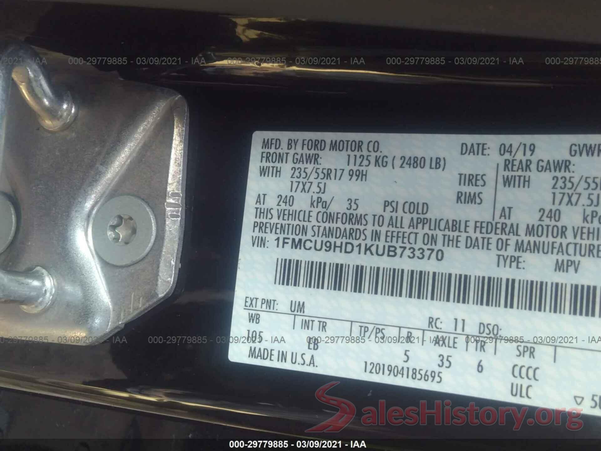 1FMCU9HD1KUB73370 2019 FORD ESCAPE