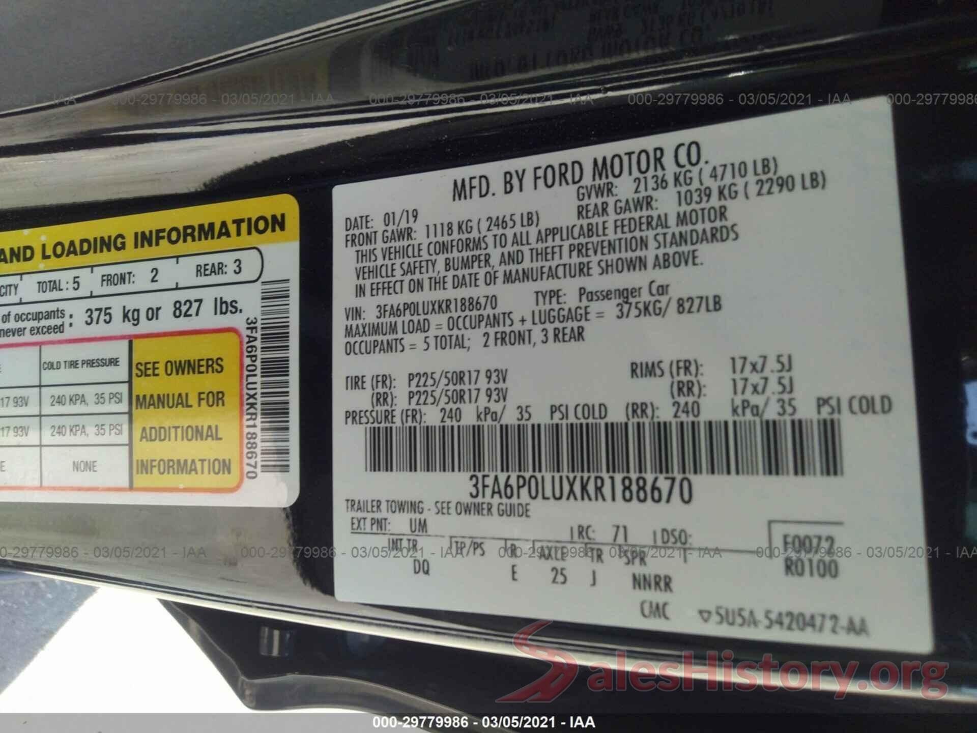 3FA6P0LUXKR188670 2019 FORD FUSION HYBRID