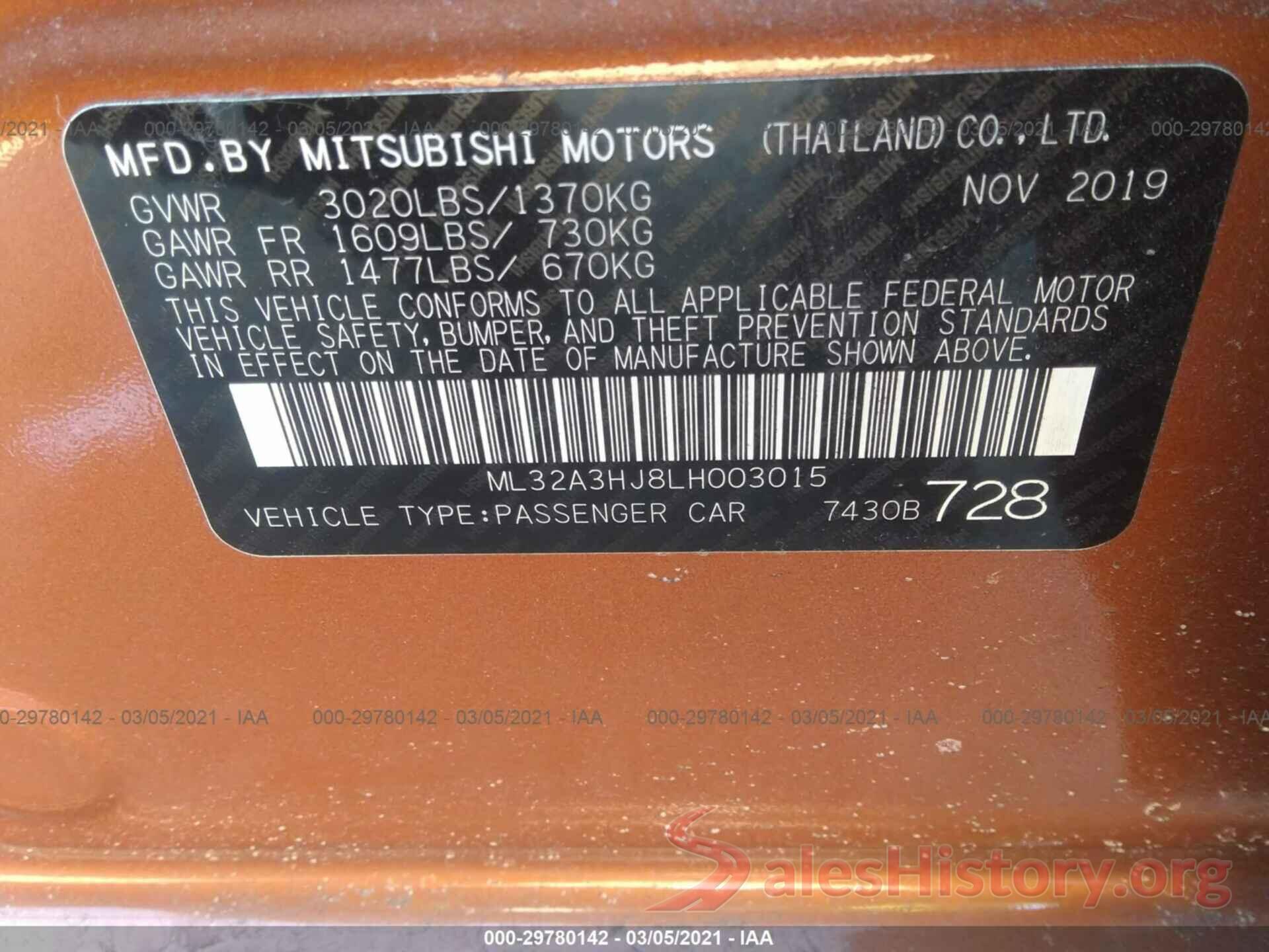 ML32A3HJ8LH003015 2020 MITSUBISHI MIRAGE