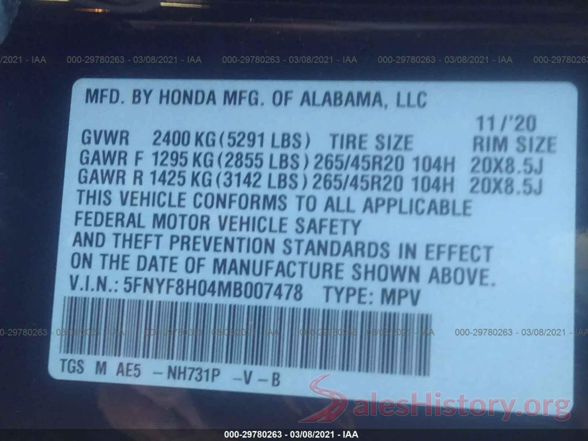 5FNYF8H04MB007478 2021 HONDA PASSPORT