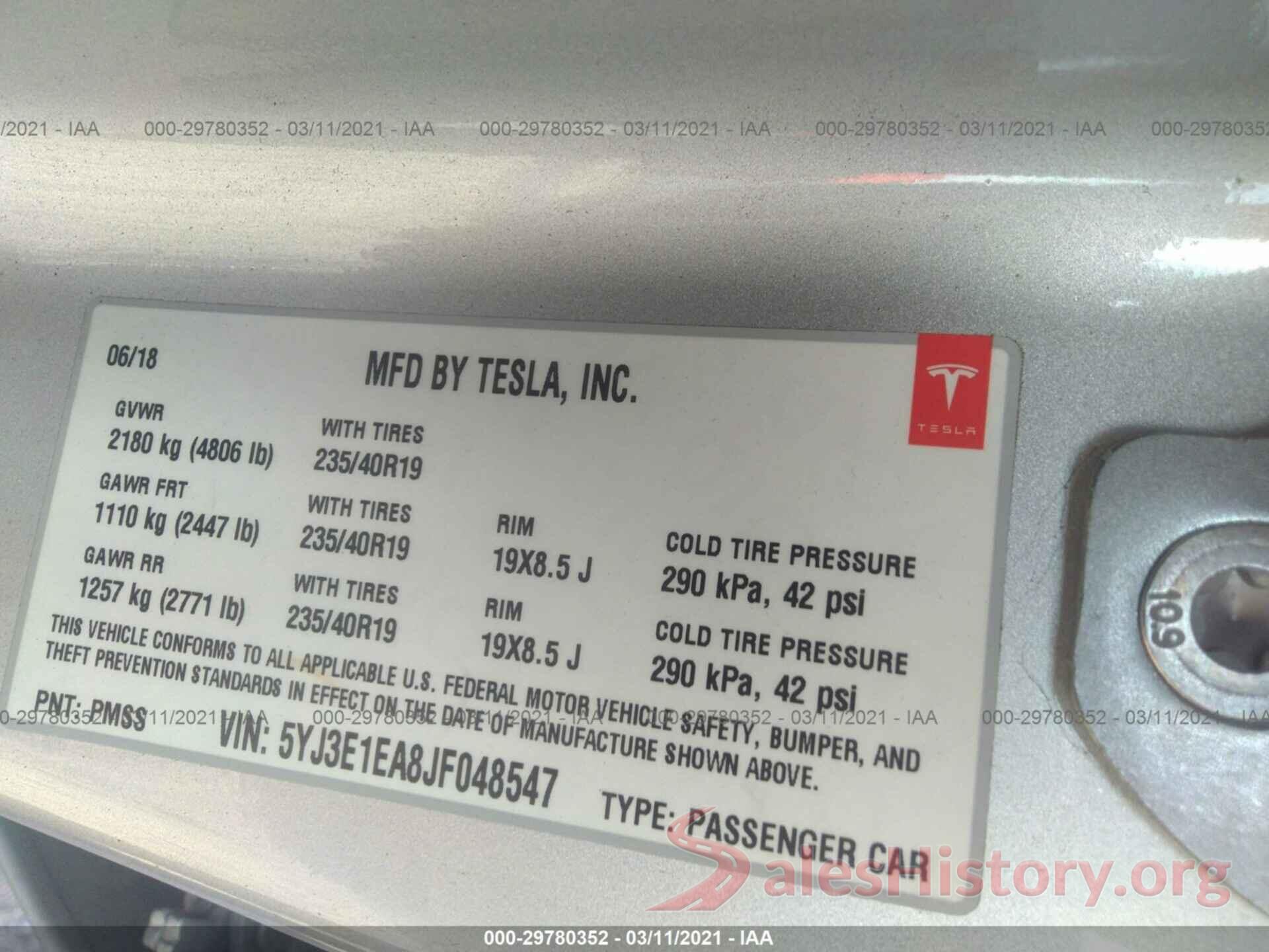 5YJ3E1EA8JF048547 2018 TESLA MODEL 3