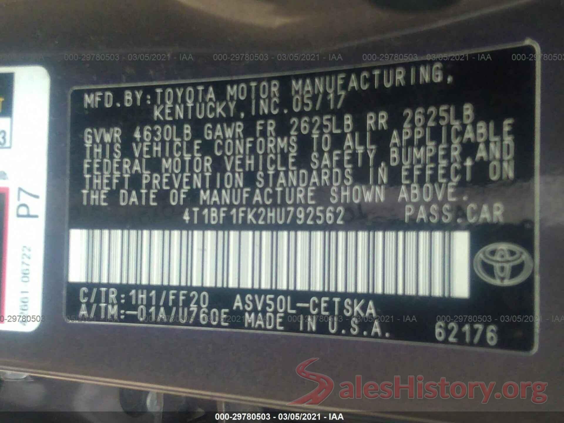 4T1BF1FK2HU792562 2017 TOYOTA CAMRY