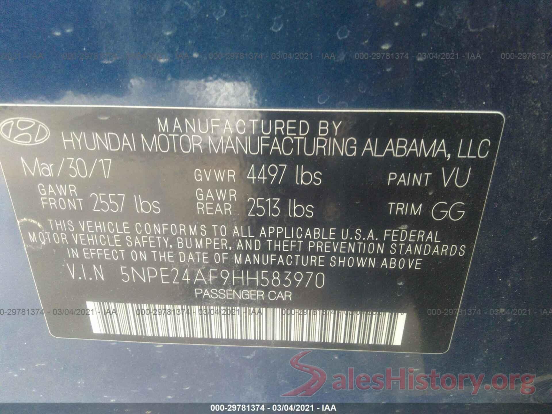 5NPE24AF9HH583970 2017 HYUNDAI SONATA