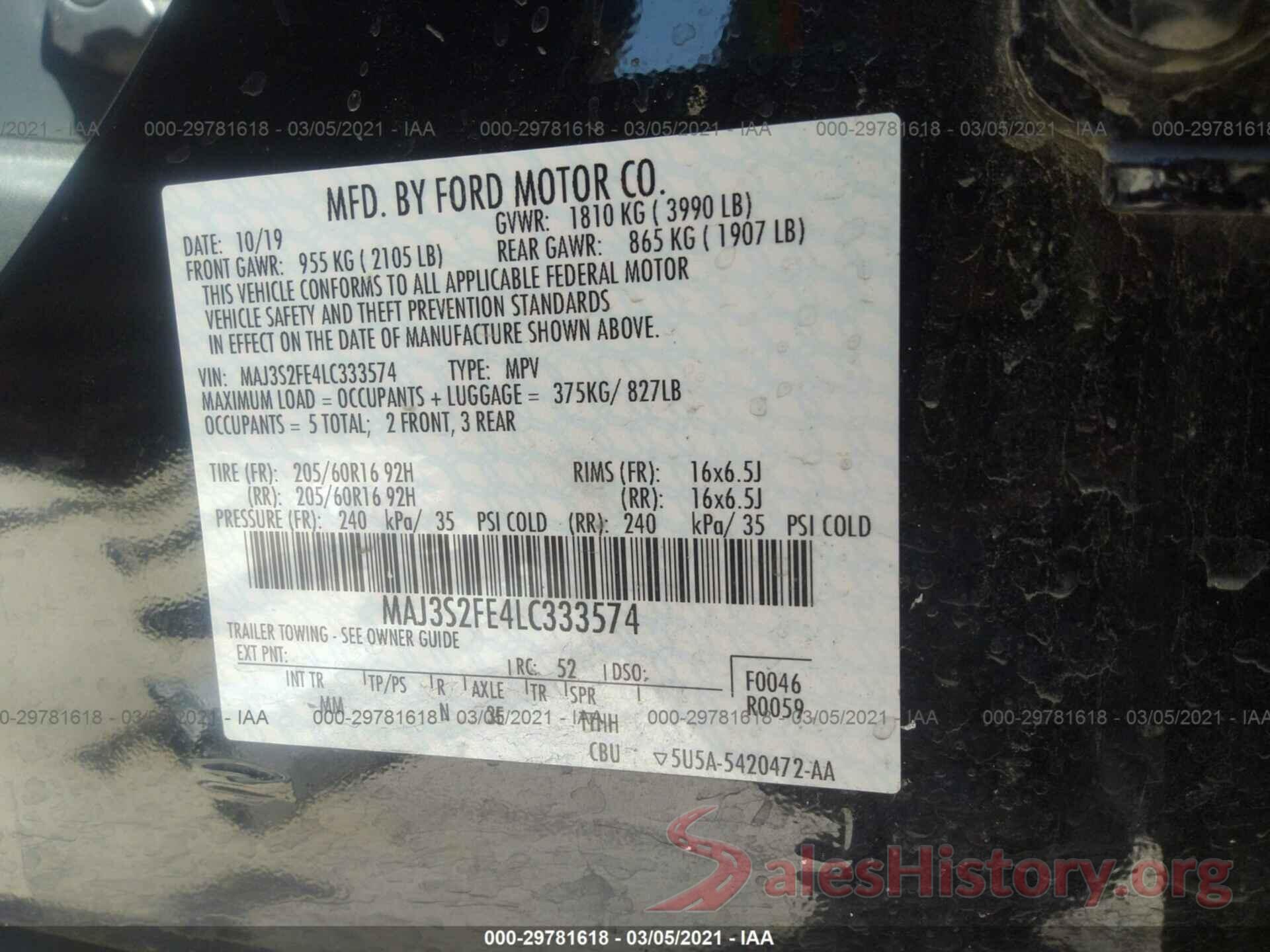 MAJ3S2FE4LC333574 2020 FORD ECOSPORT