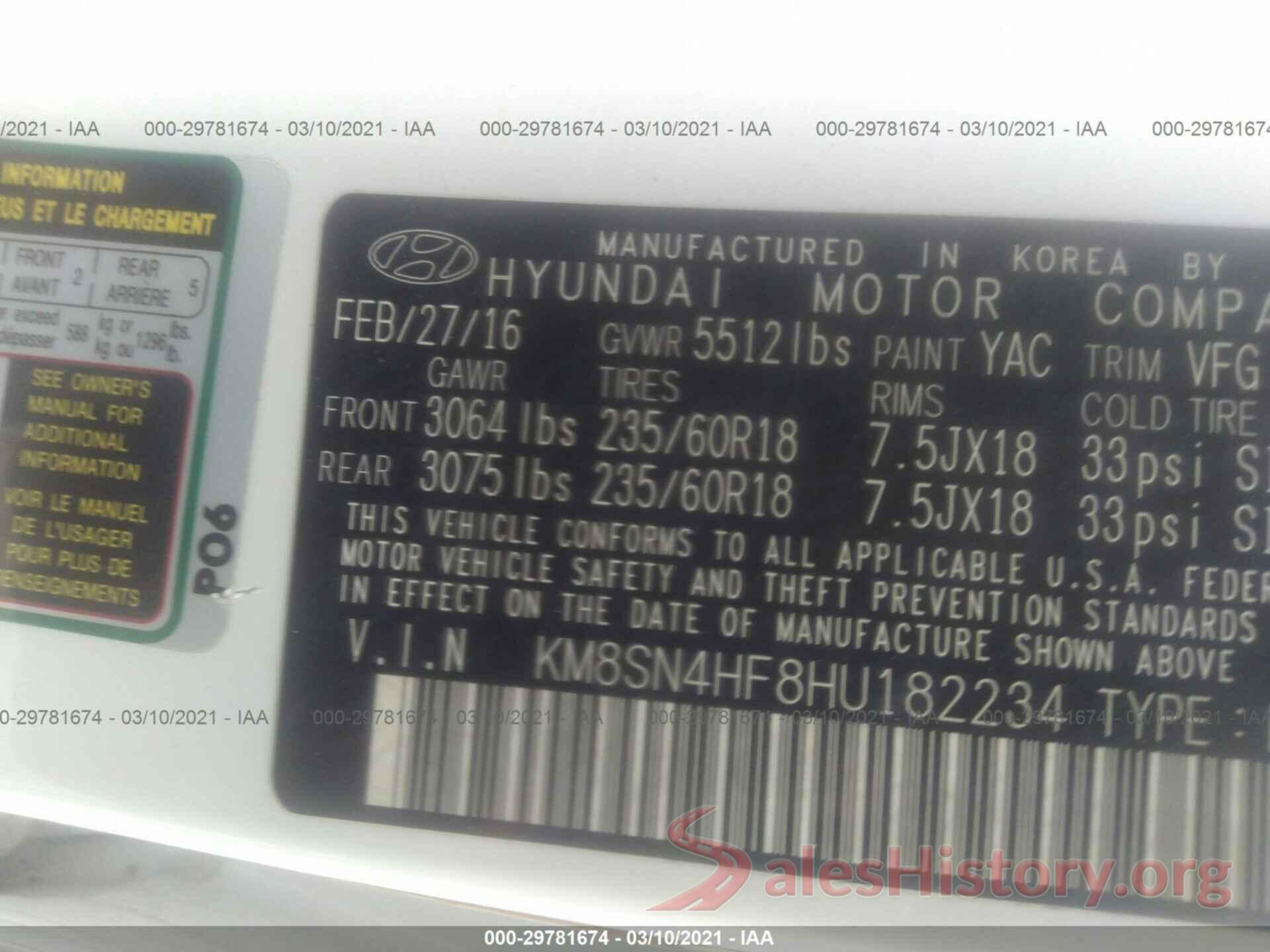 KM8SN4HF8HU182234 2017 HYUNDAI SANTA FE