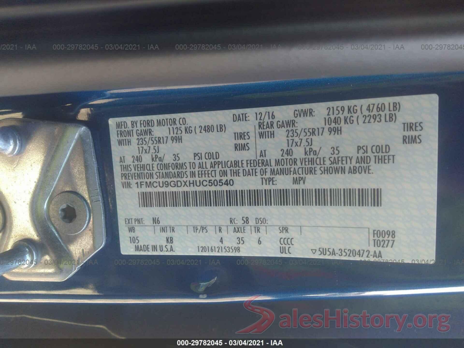 1FMCU9GDXHUC50540 2017 FORD ESCAPE