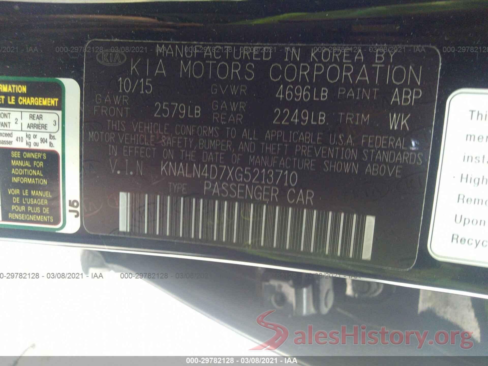 KNALN4D7XG5213710 2016 KIA CADENZA