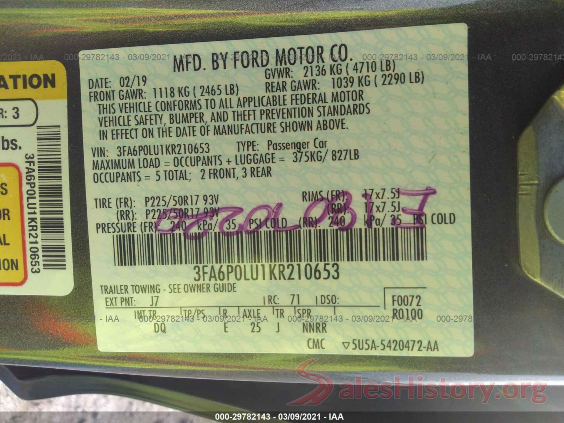 3FA6P0LU1KR210653 2019 FORD FUSION HYBRID