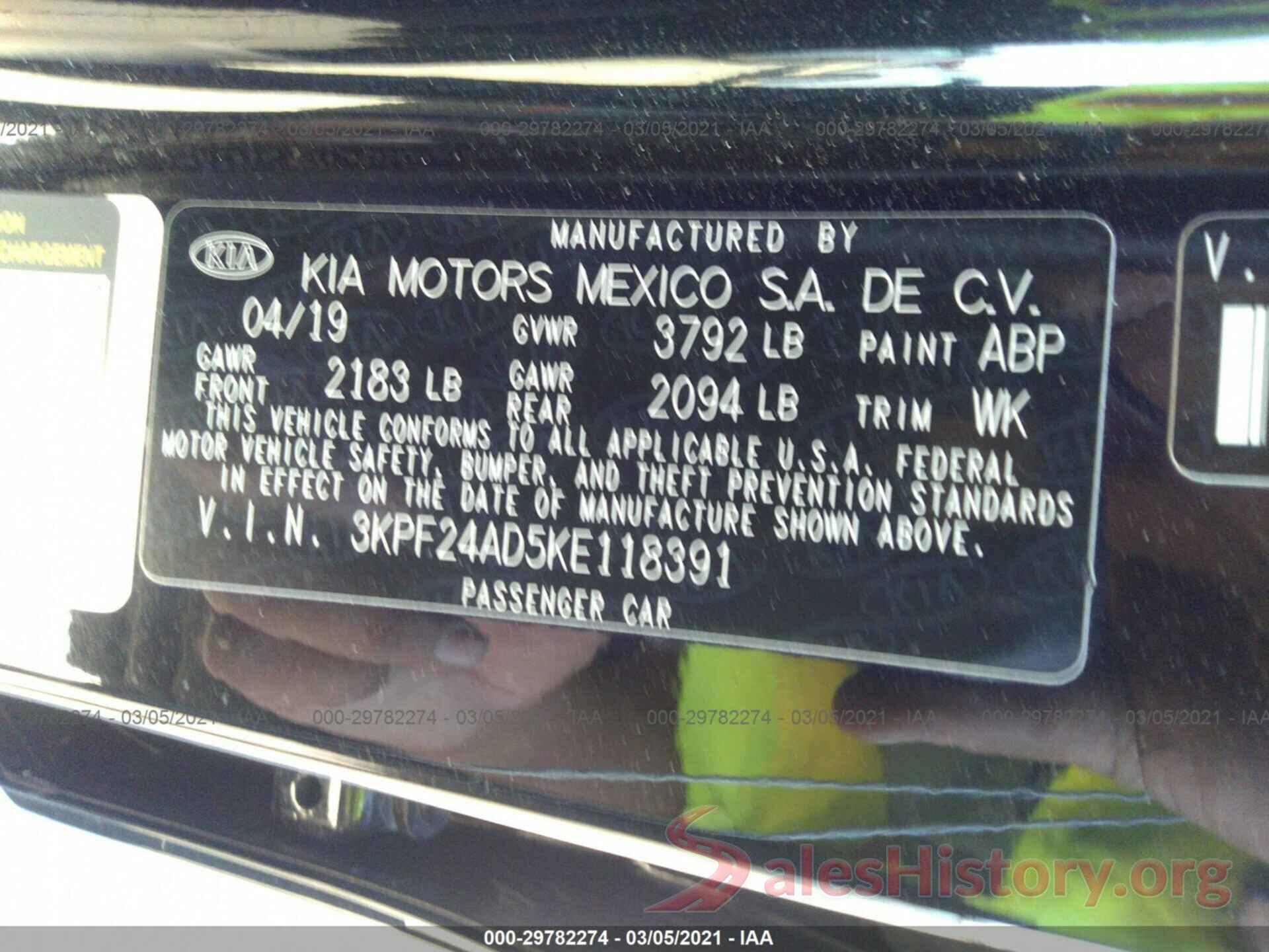 3KPF24AD5KE118391 2019 KIA FORTE