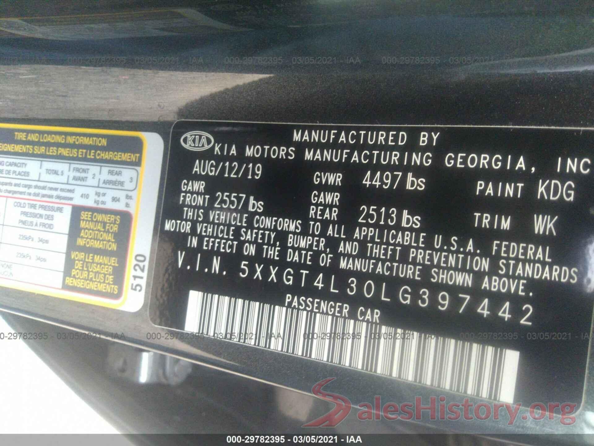 5XXGT4L30LG397442 2020 KIA OPTIMA