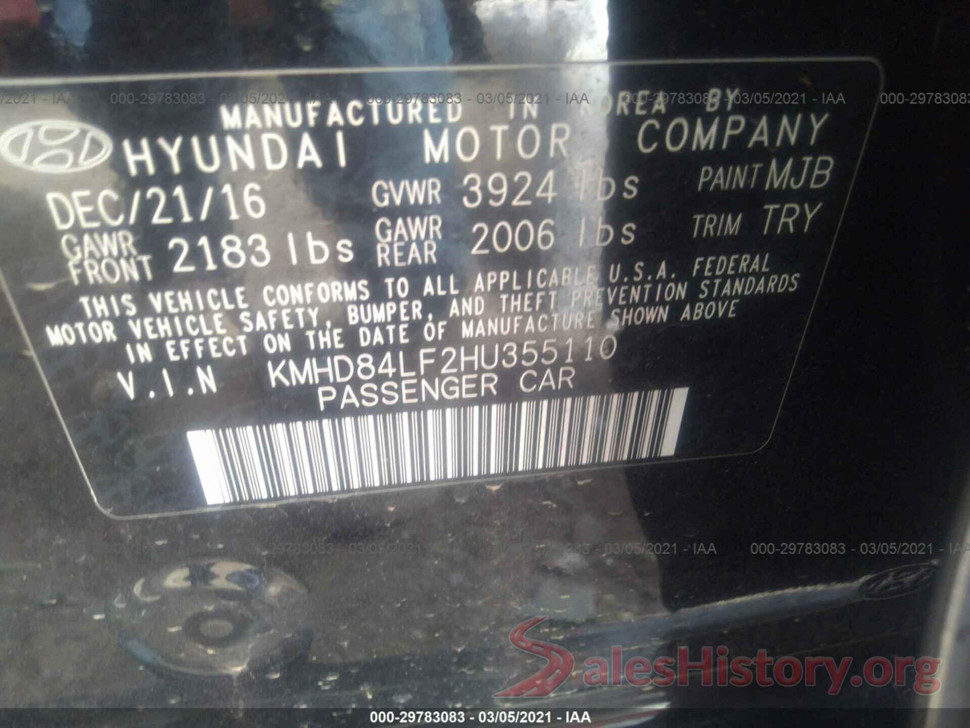 KMHD84LF2HU355110 2017 HYUNDAI ELANTRA