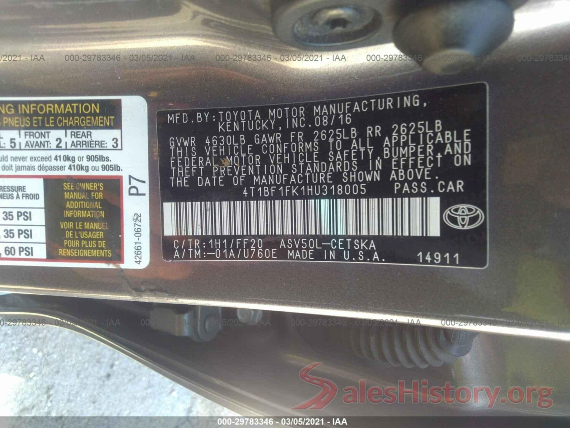 4T1BF1FK1HU318005 2017 TOYOTA CAMRY