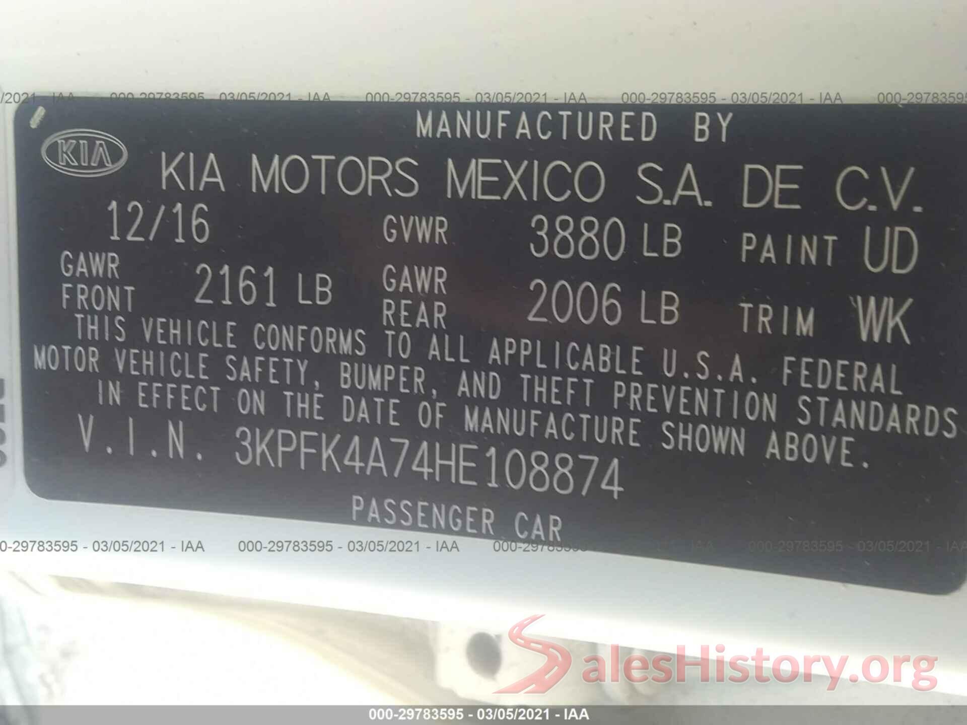 3KPFK4A74HE108874 2017 KIA FORTE