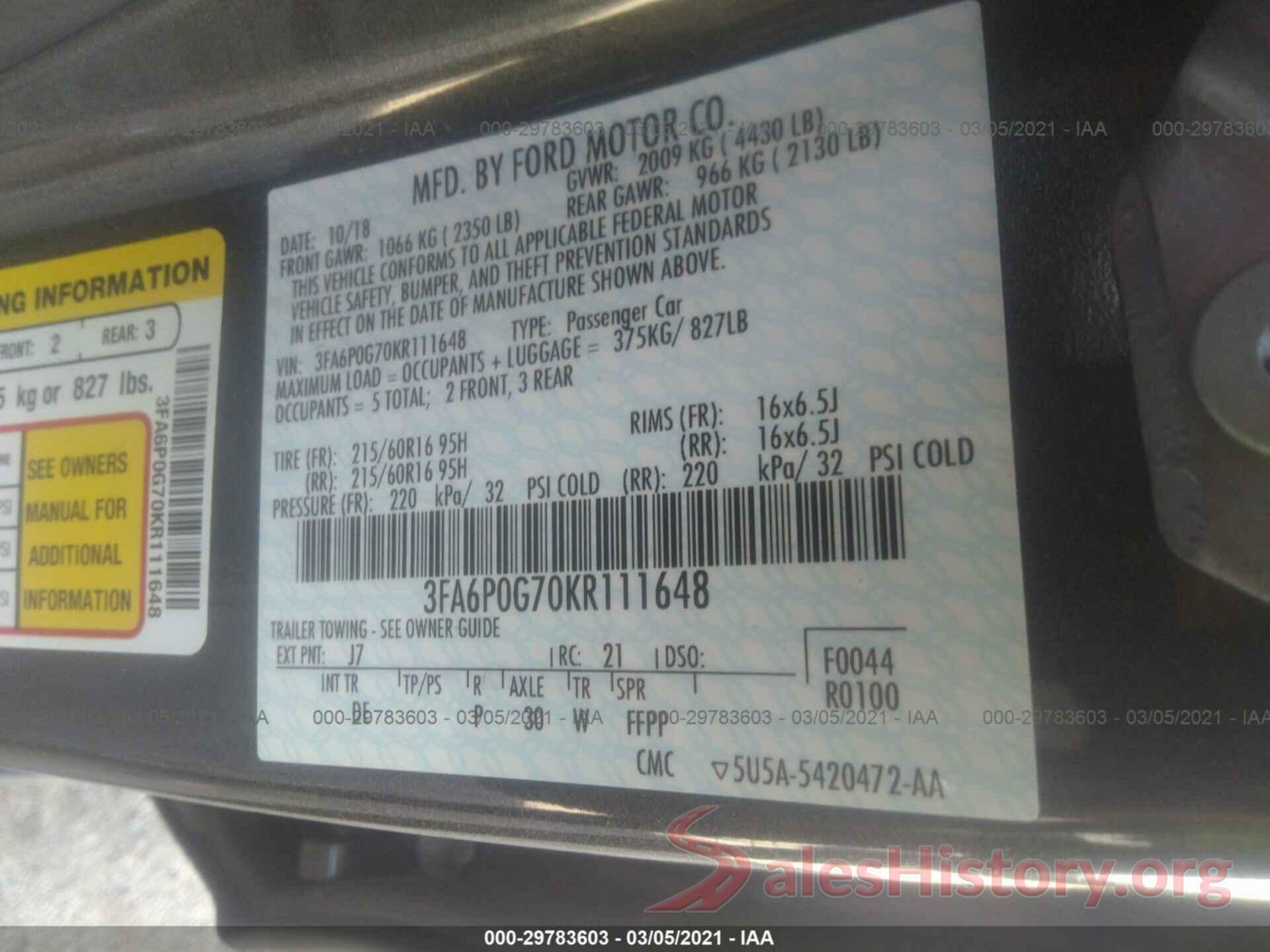 3FA6P0G70KR111648 2019 FORD FUSION