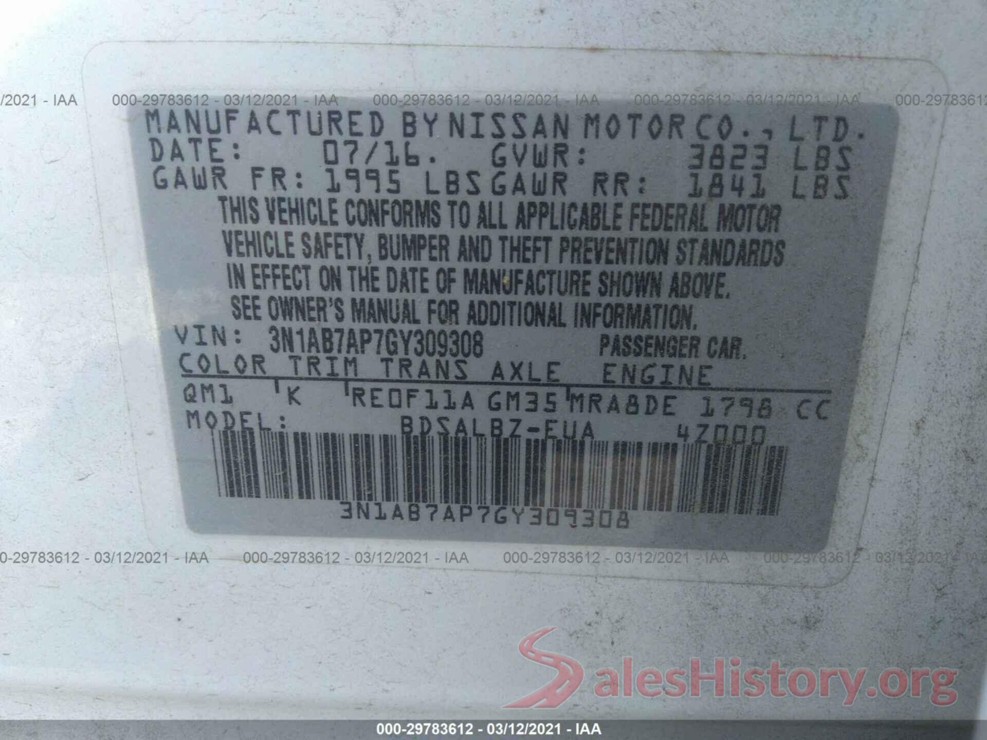 3N1AB7AP7GY309308 2016 NISSAN SENTRA