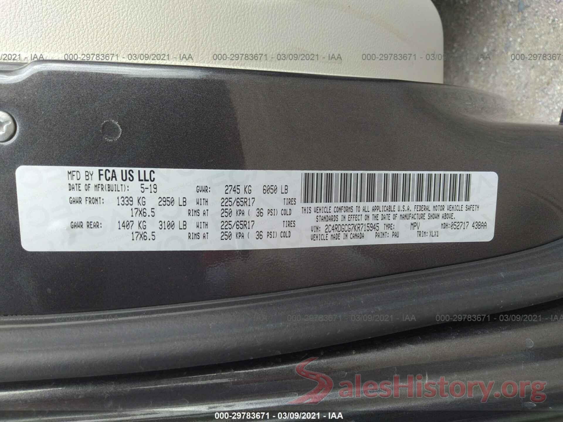 2C4RDGCG7KR715945 2019 DODGE GRAND CARAVAN