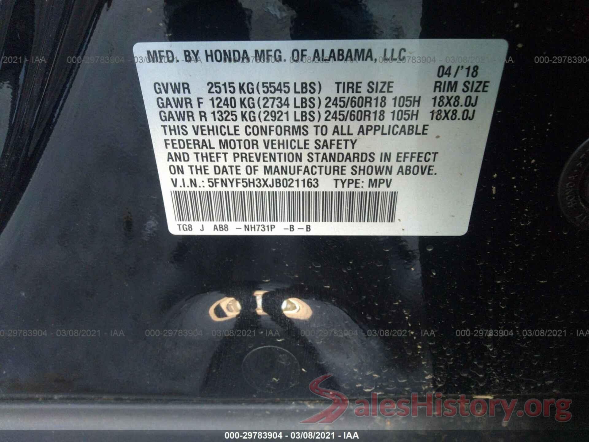 5FNYF5H3XJB021163 2018 HONDA PILOT