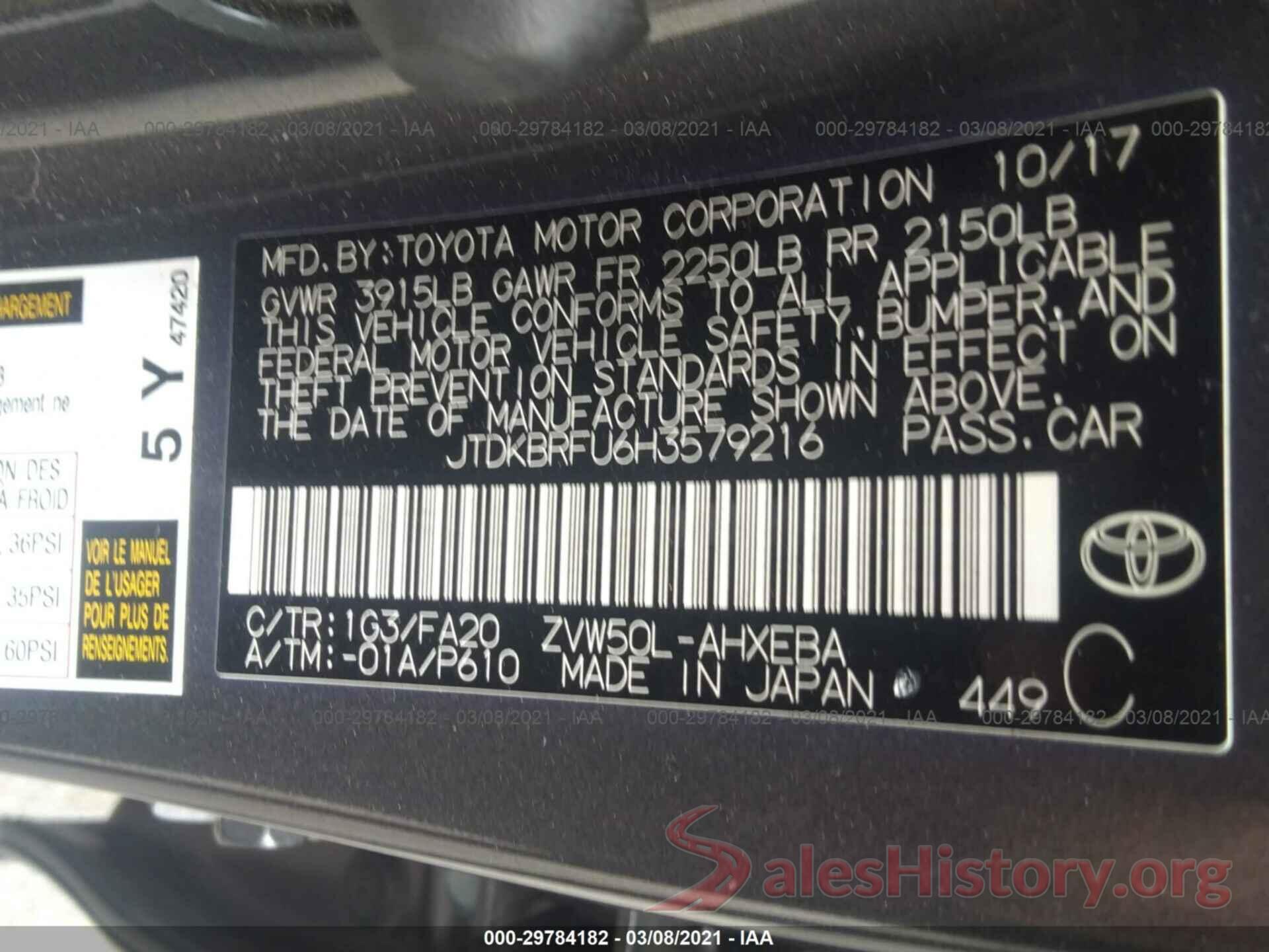 JTDKBRFU6H3579216 2017 TOYOTA PRIUS