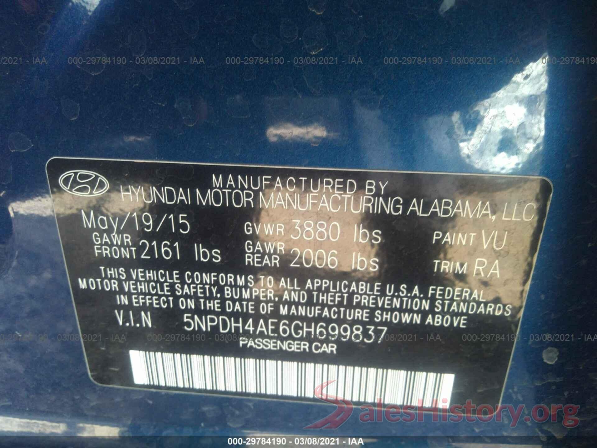 5NPDH4AE6GH699837 2016 HYUNDAI ELANTRA