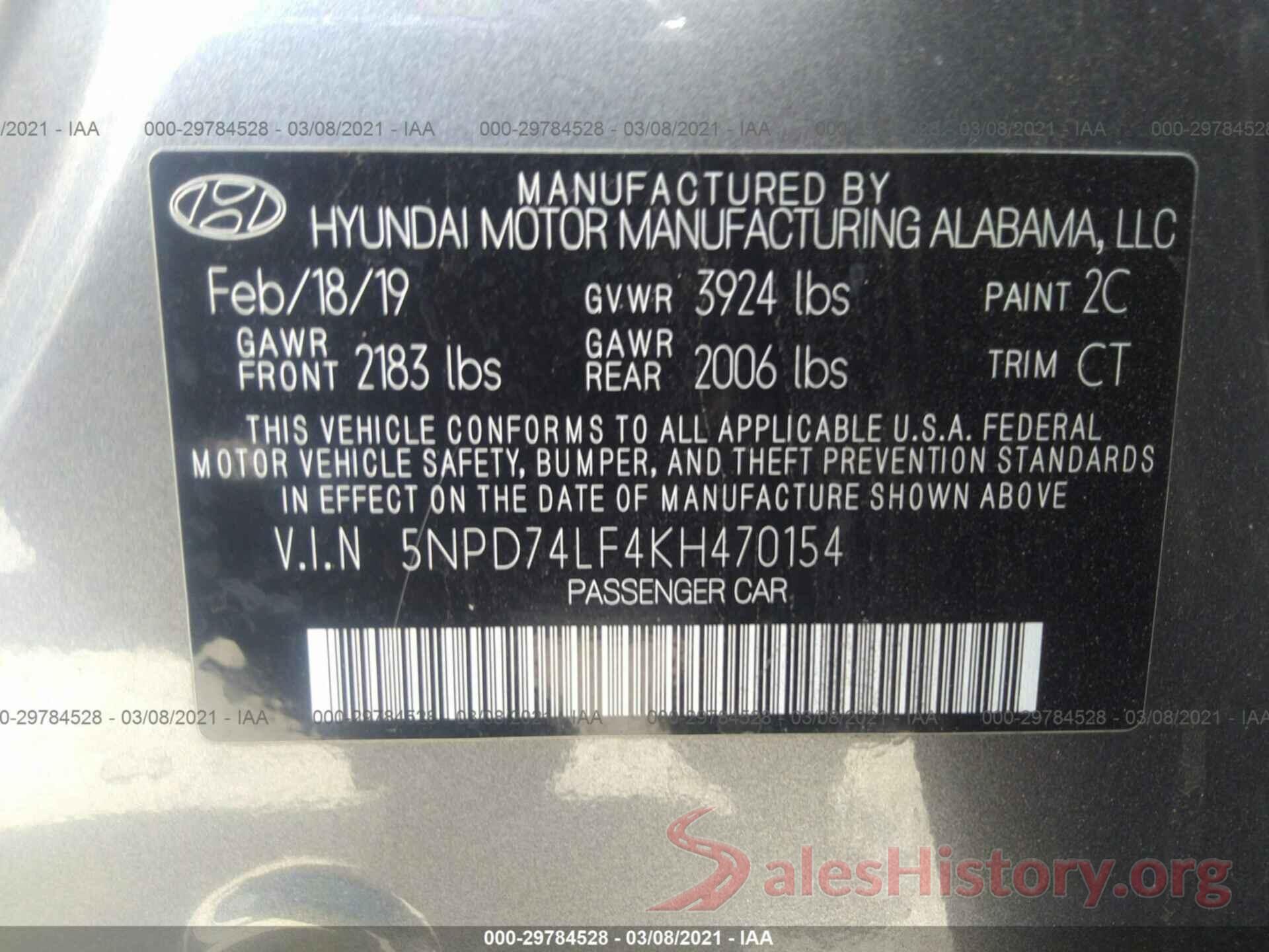 5NPD74LF4KH470154 2019 HYUNDAI ELANTRA