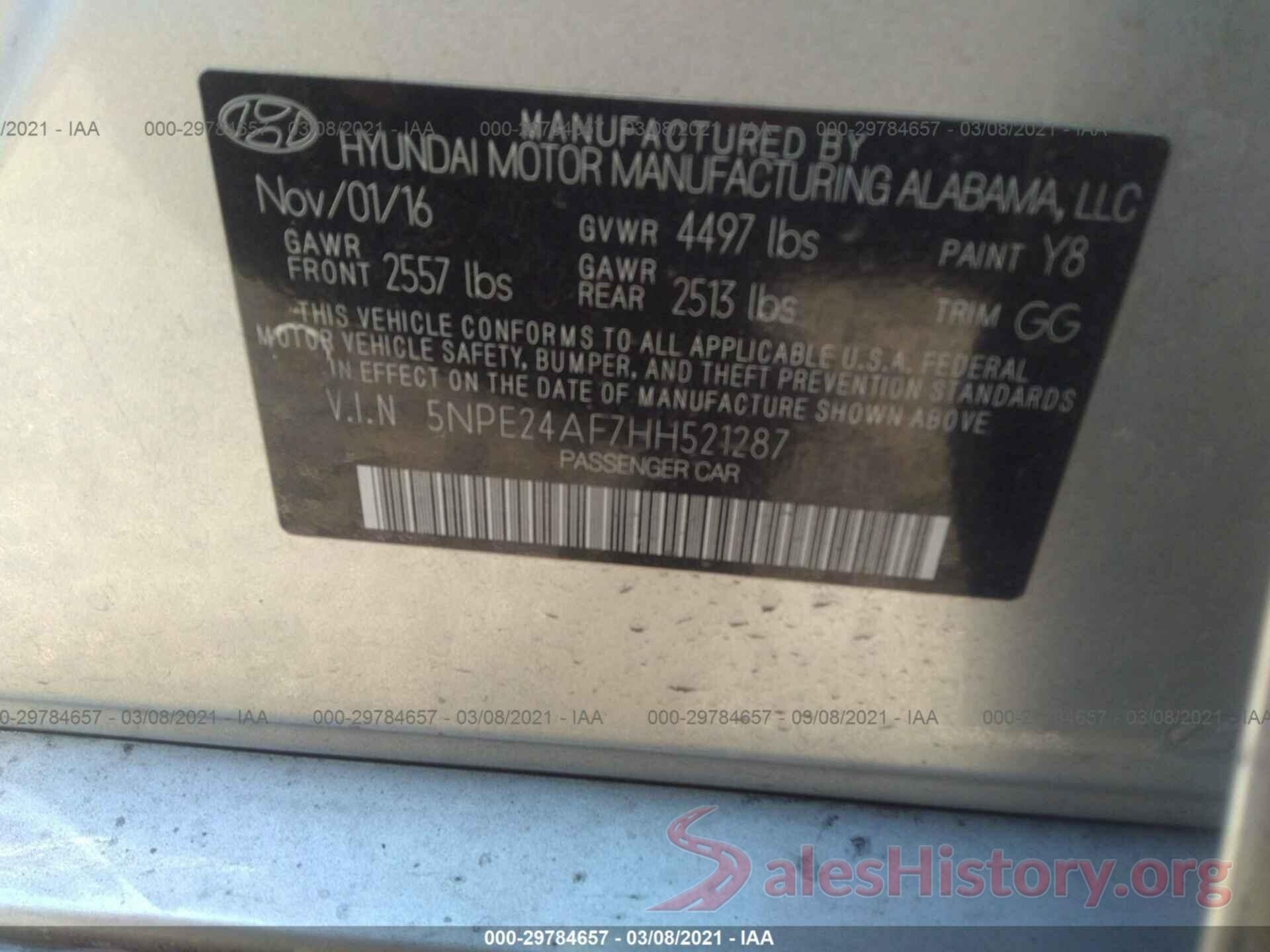 5NPE24AF7HH521287 2017 HYUNDAI SONATA