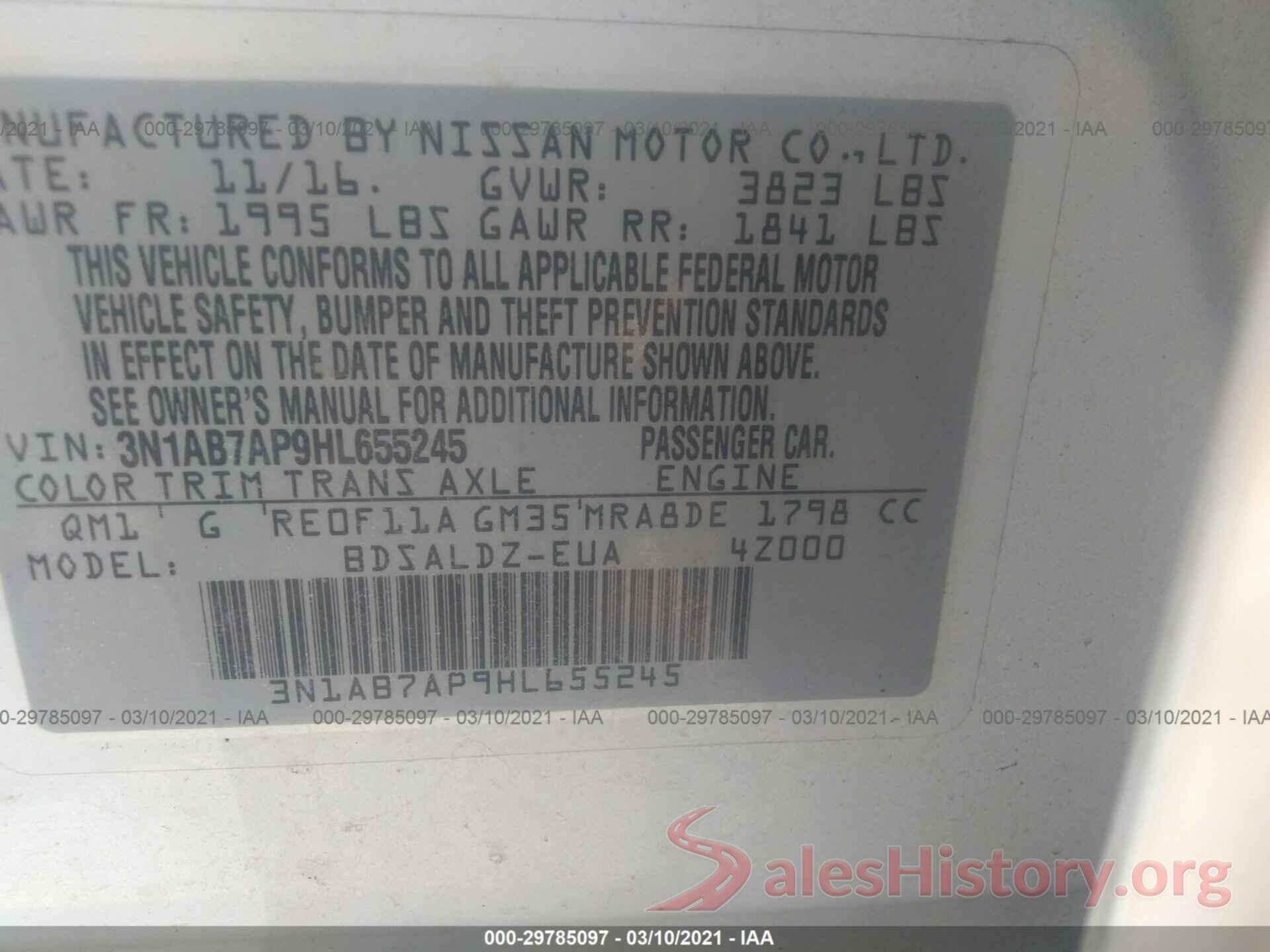 3N1AB7AP9HL655245 2017 NISSAN SENTRA