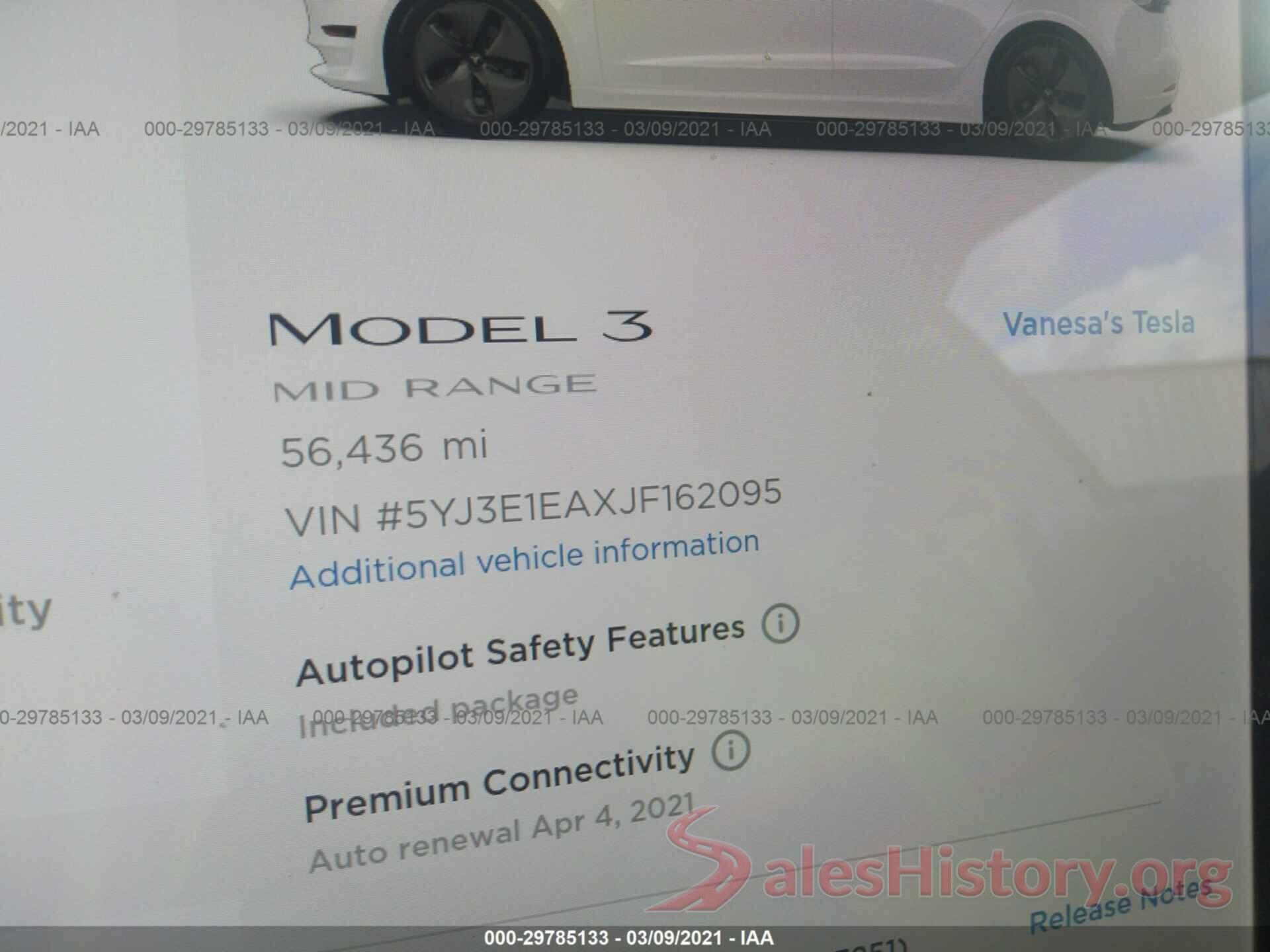 5YJ3E1EAXJF162095 2018 TESLA MODEL 3