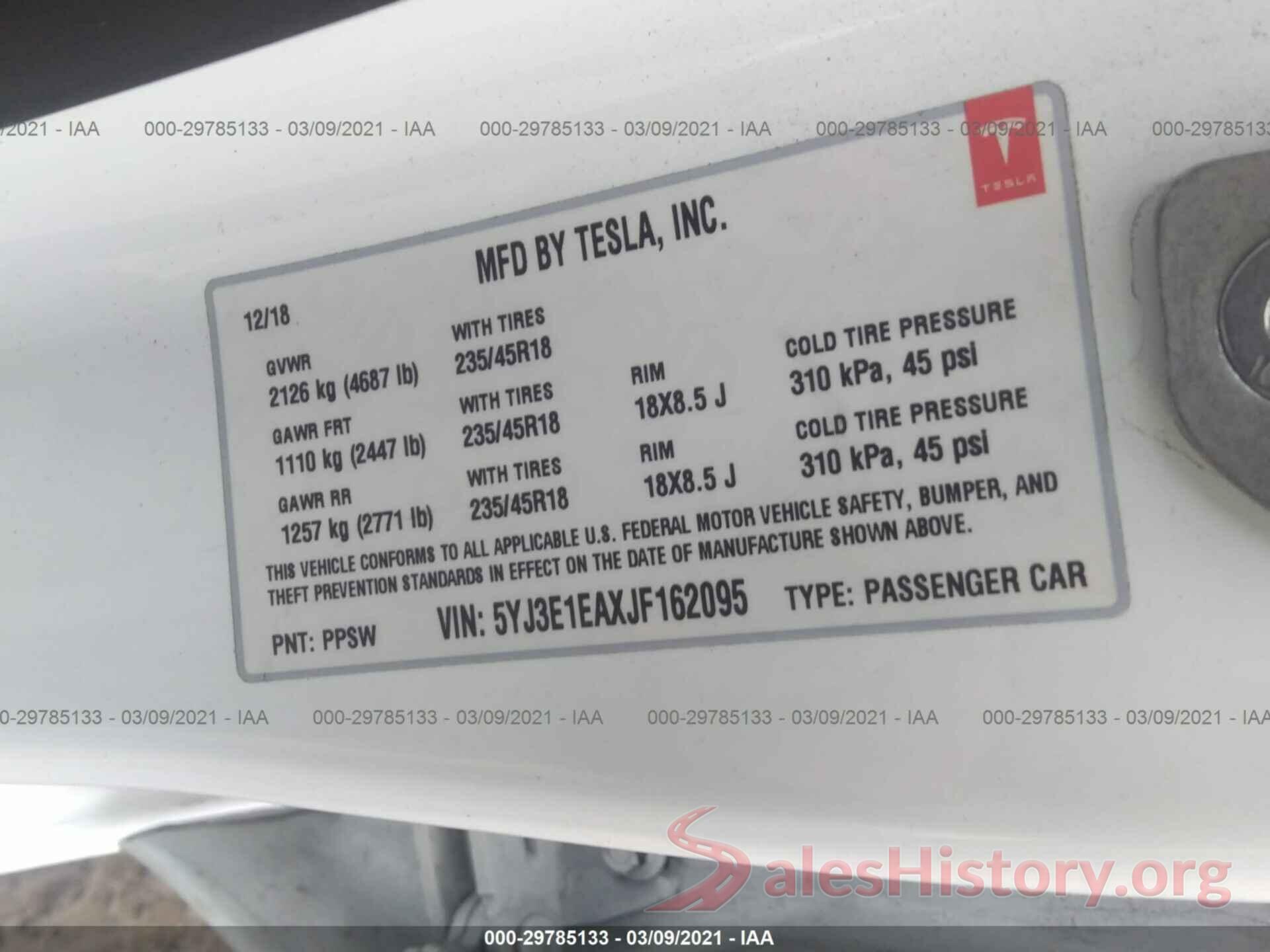 5YJ3E1EAXJF162095 2018 TESLA MODEL 3