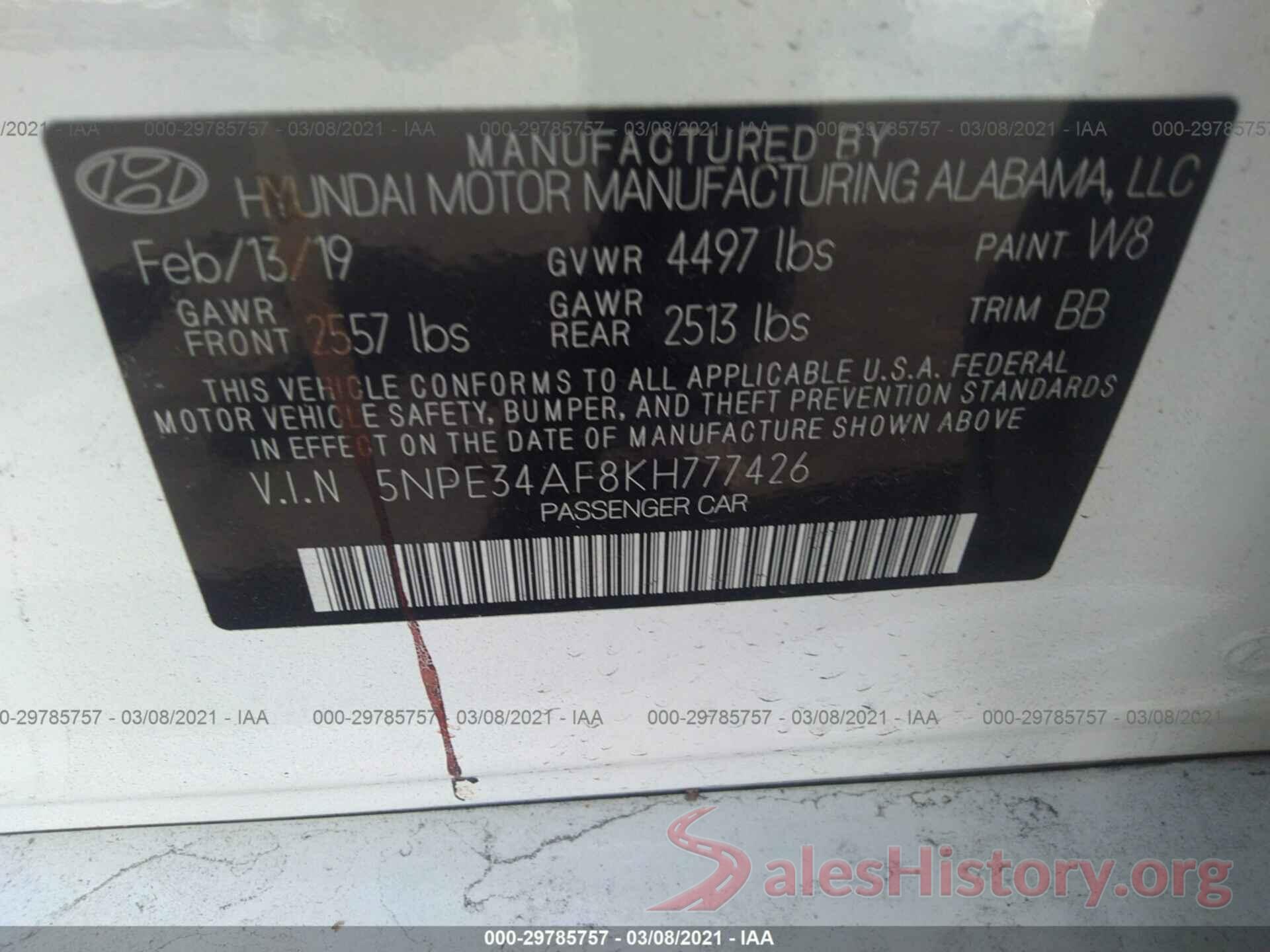 5NPE34AF8KH777426 2019 HYUNDAI SONATA