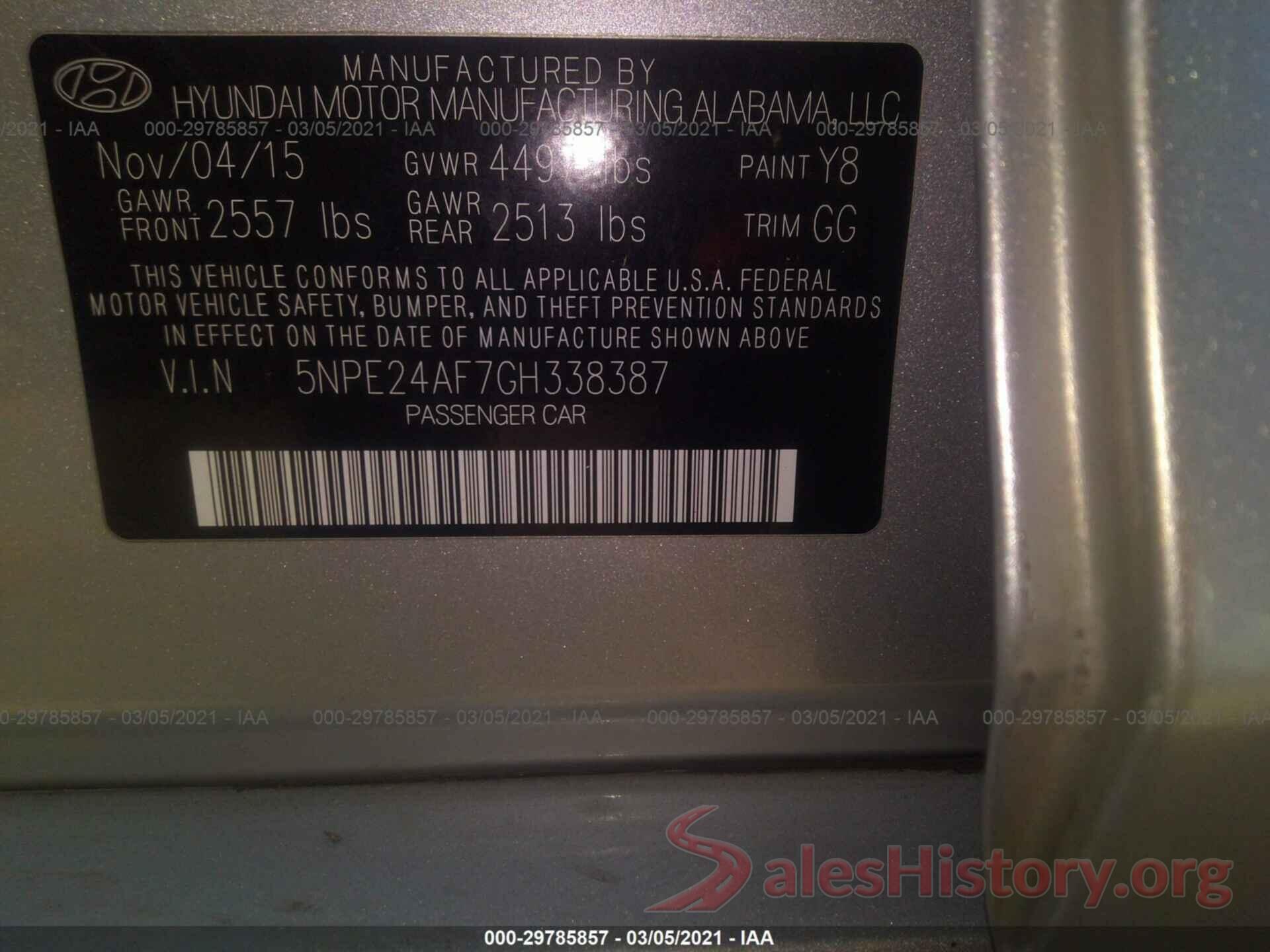 5NPE24AF7GH338387 2016 HYUNDAI SONATA