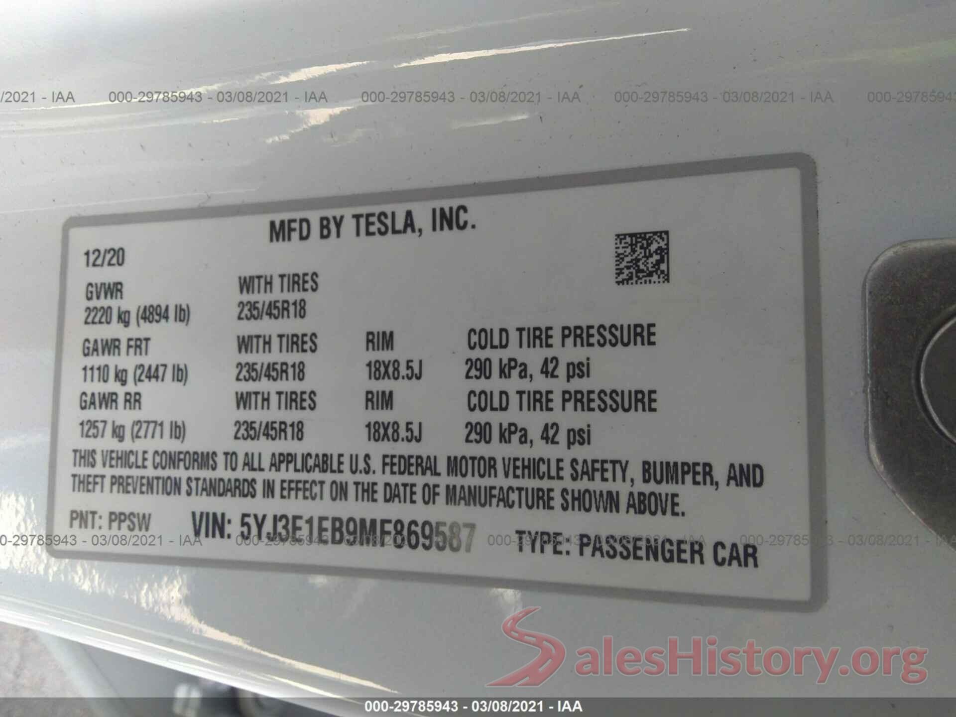 5YJ3E1EB9MF869587 2021 TESLA MODEL 3