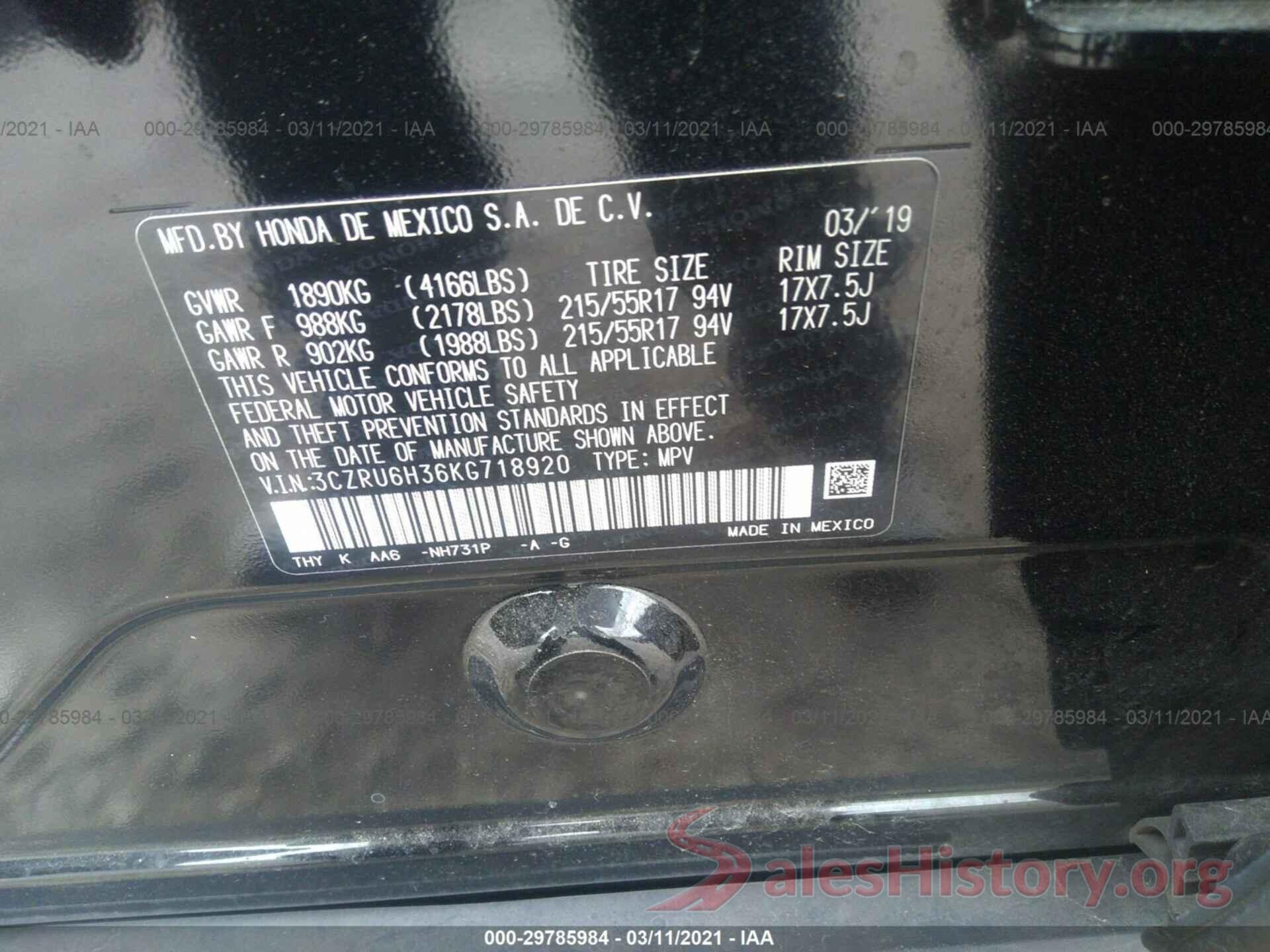 3CZRU6H36KG718920 2019 HONDA HR-V