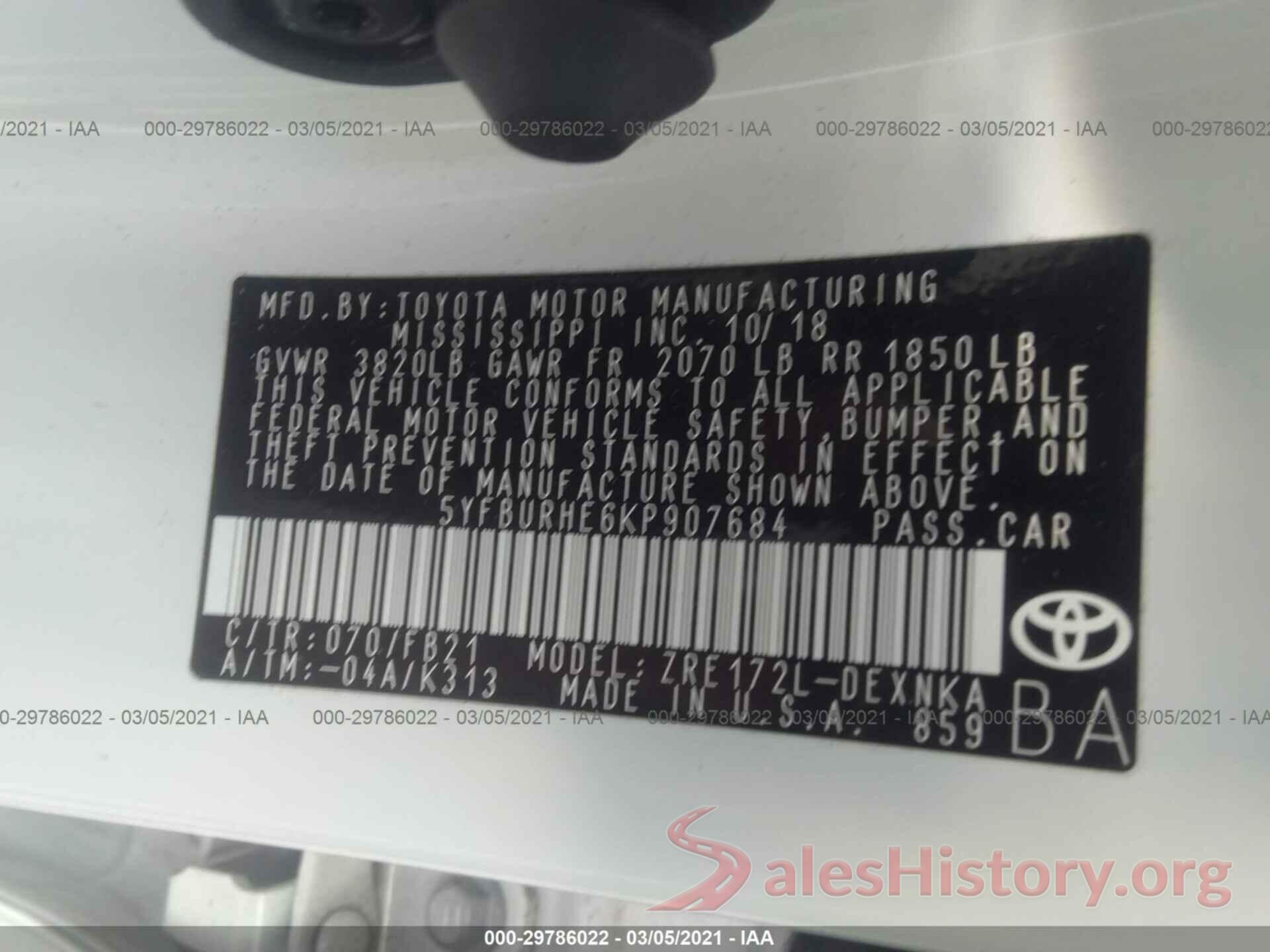 5YFBURHE6KP907684 2019 TOYOTA COROLLA