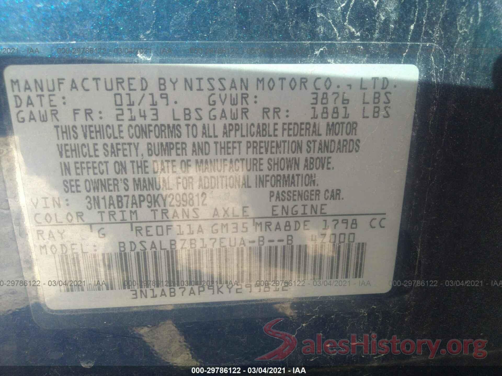 3N1AB7AP9KY299812 2019 NISSAN SENTRA