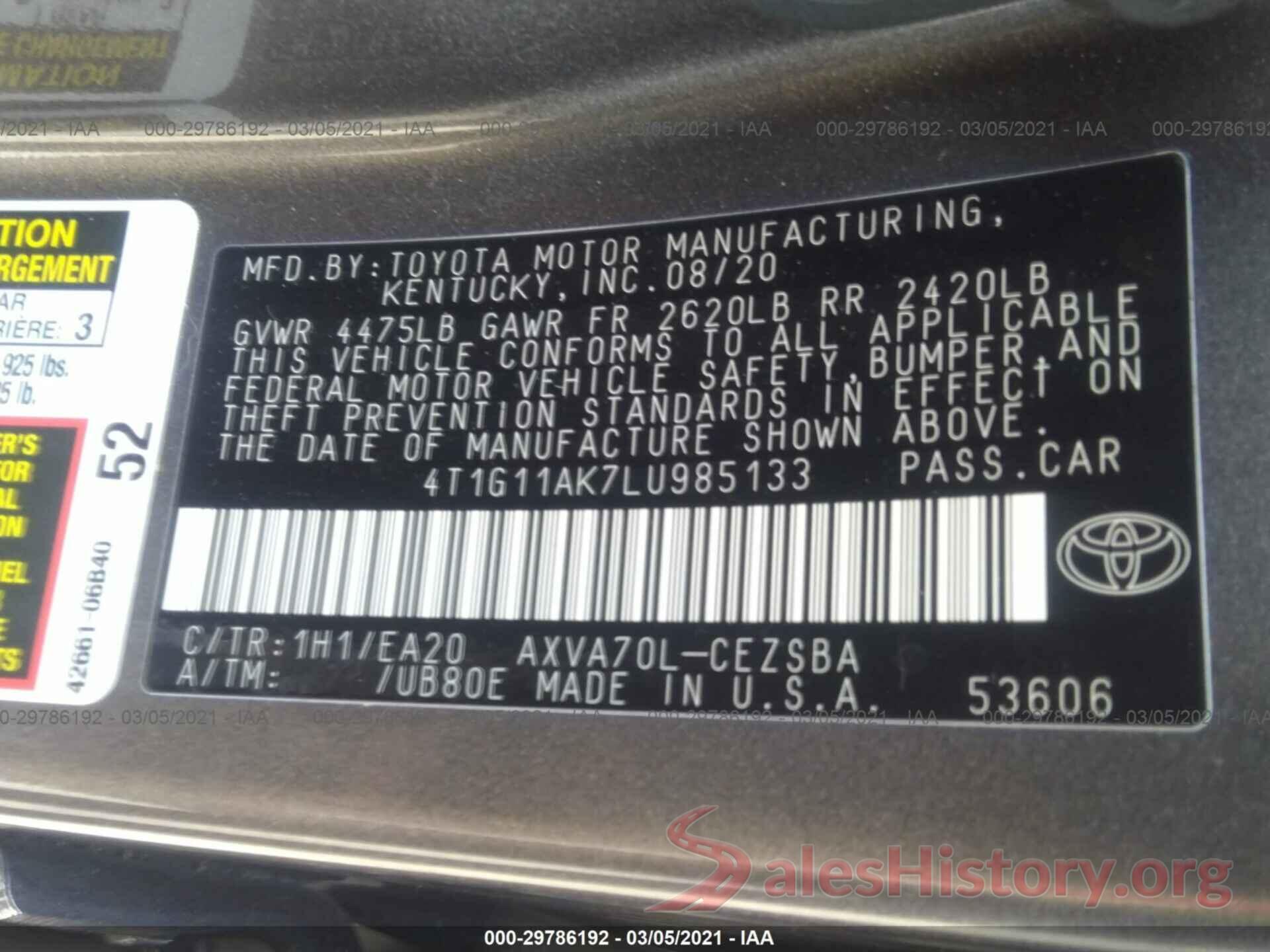 4T1G11AK7LU985133 2020 TOYOTA CAMRY