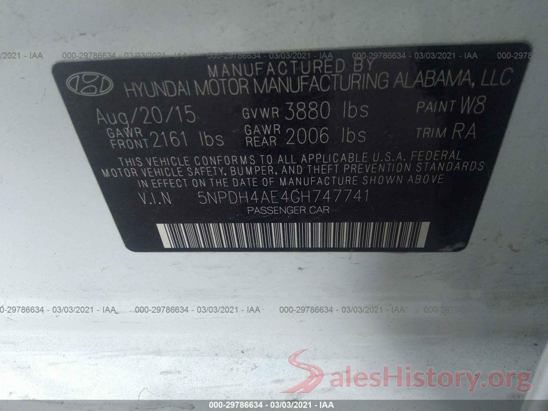 5NPDH4AE4GH747741 2016 HYUNDAI ELANTRA